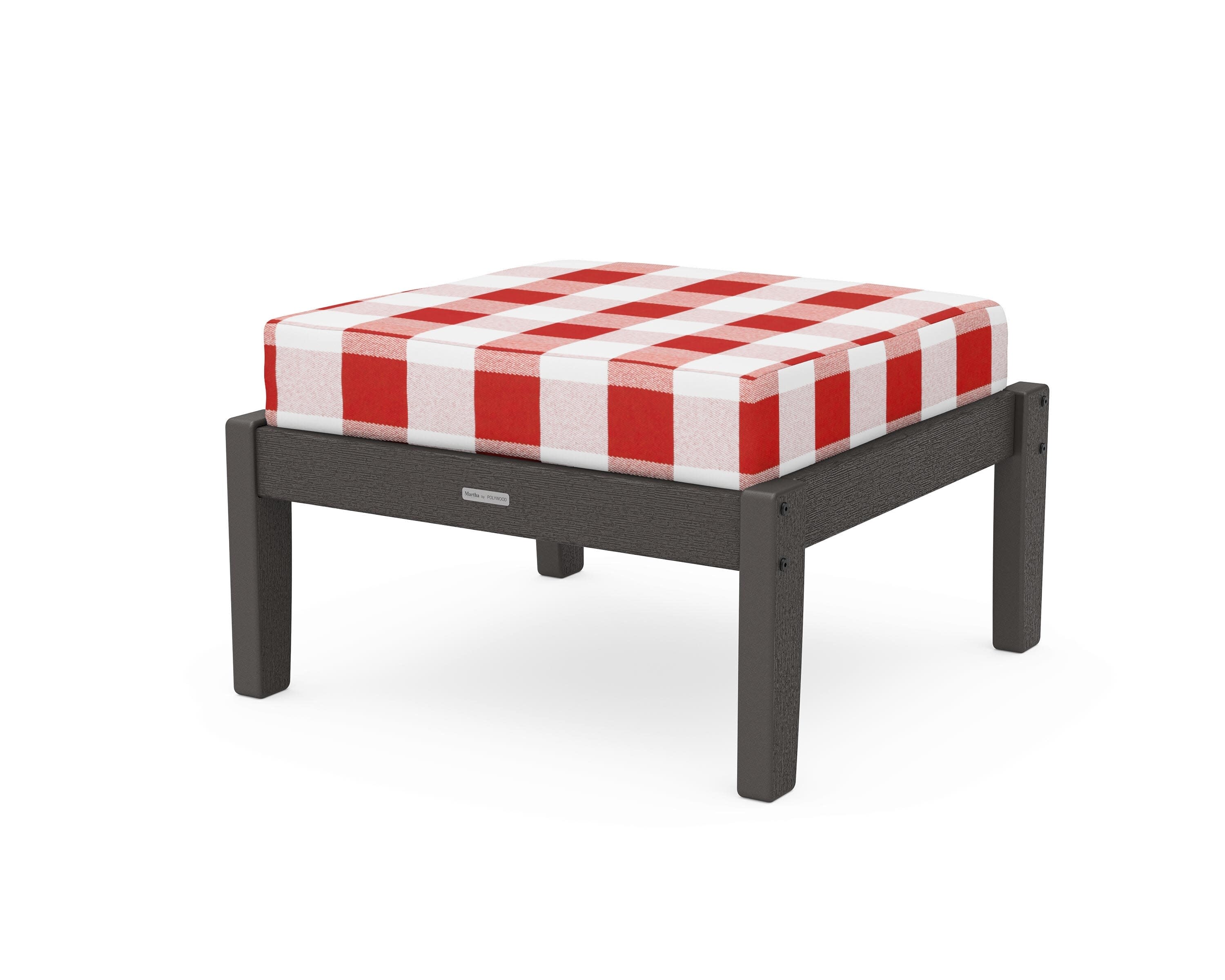 Chinoiserie Deep Seating Ottoman in Vintage Coffee / Buffalo Plaid Crimson