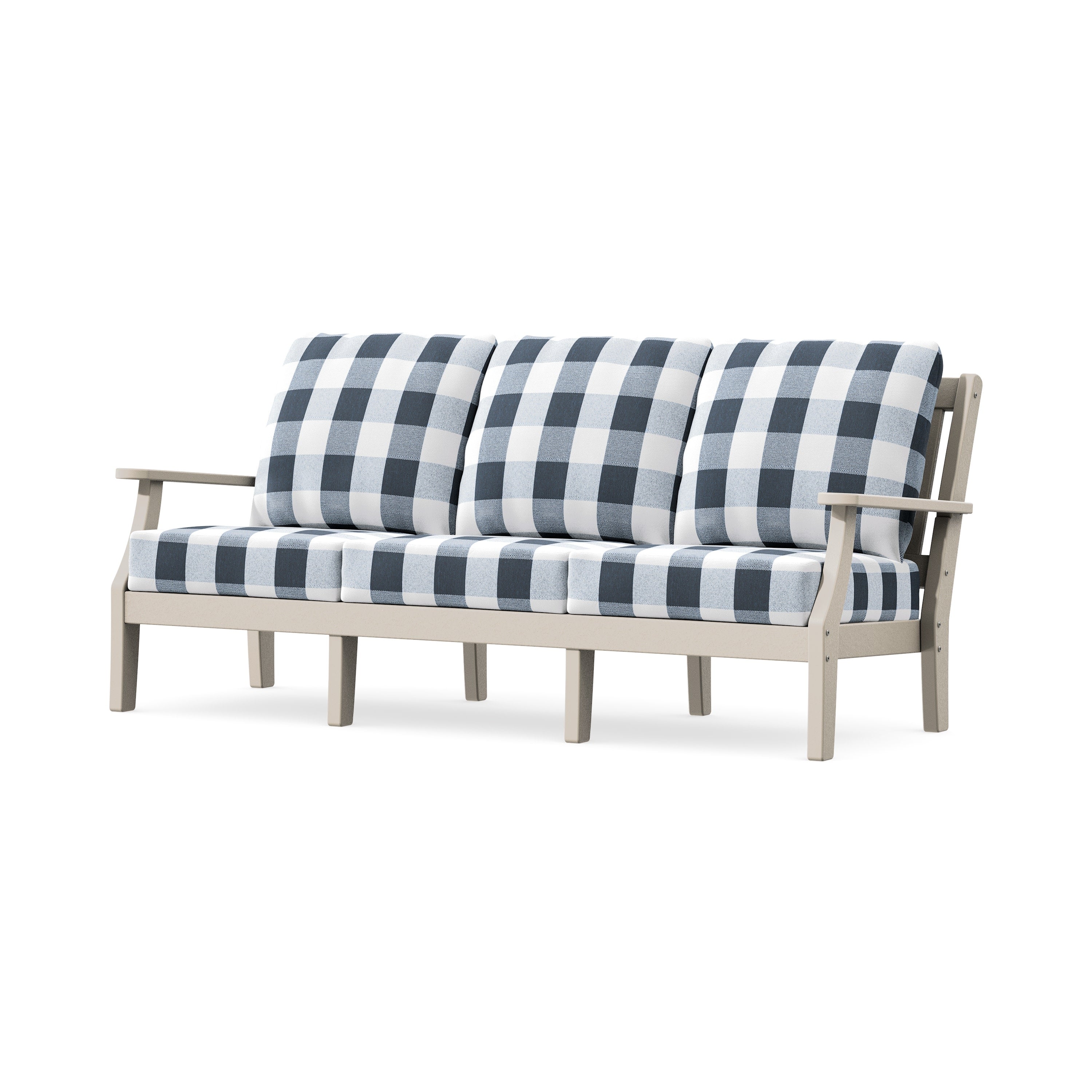 Chinoiserie Deep Seating Sofa in Sand / Buffalo Plaid Marine Indigo