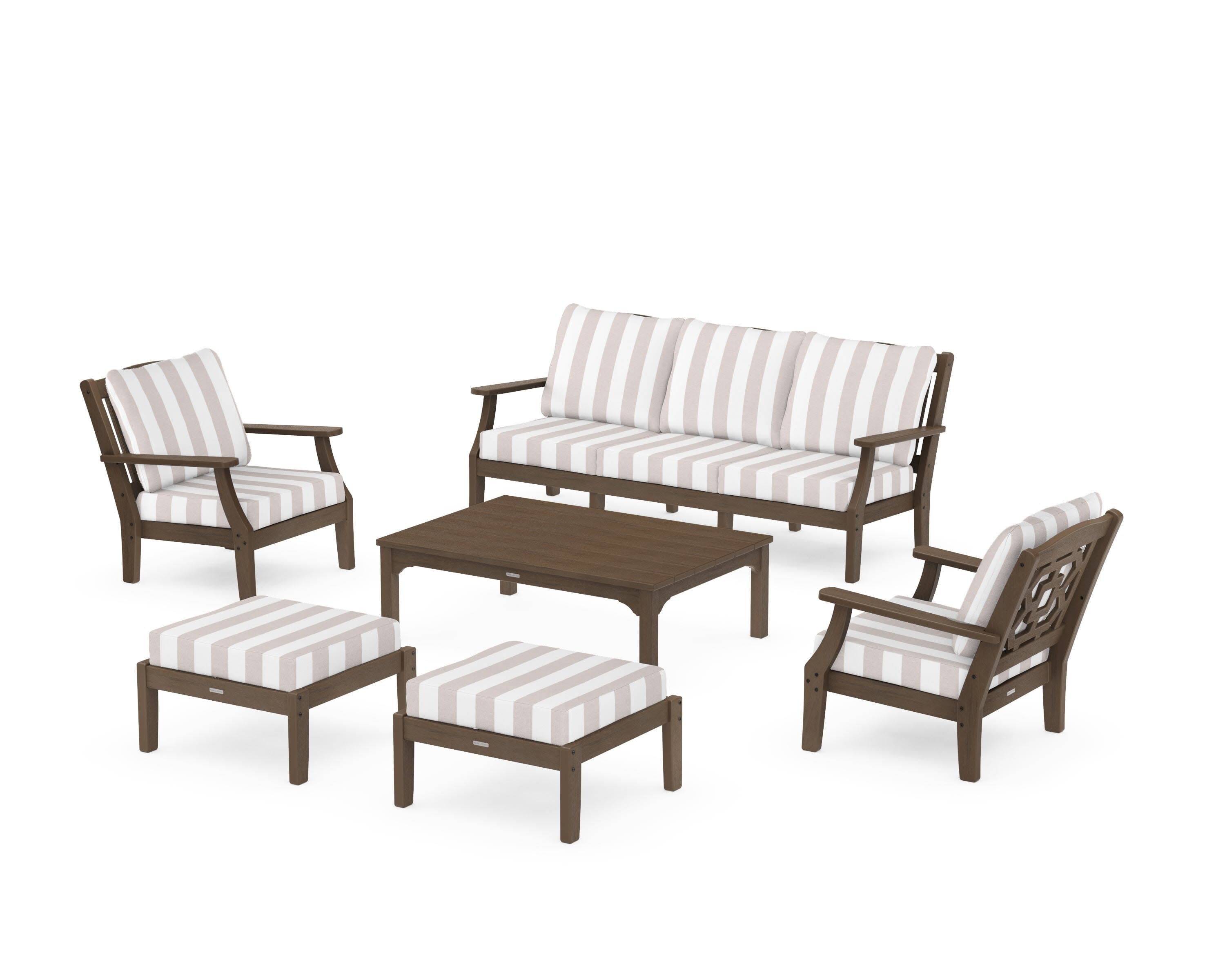 Chinoiserie 6-Piece Lounge Sofa Set in Kona / Cabana Stripe Dune Burlap