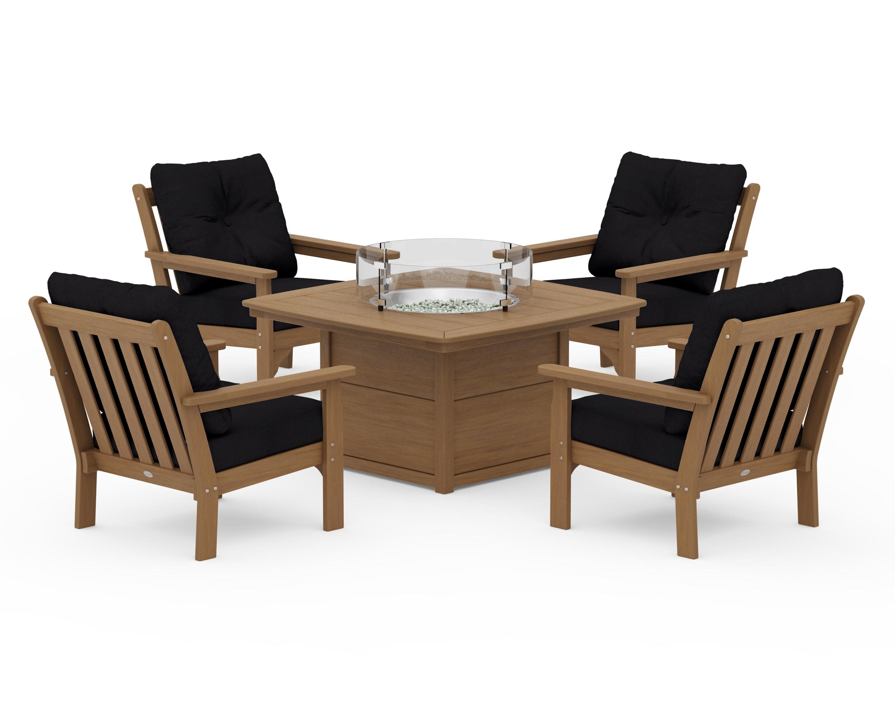 Vineyard 5-Piece Conversation Set with Fire Pit Table in Natural / Midnight Linen
