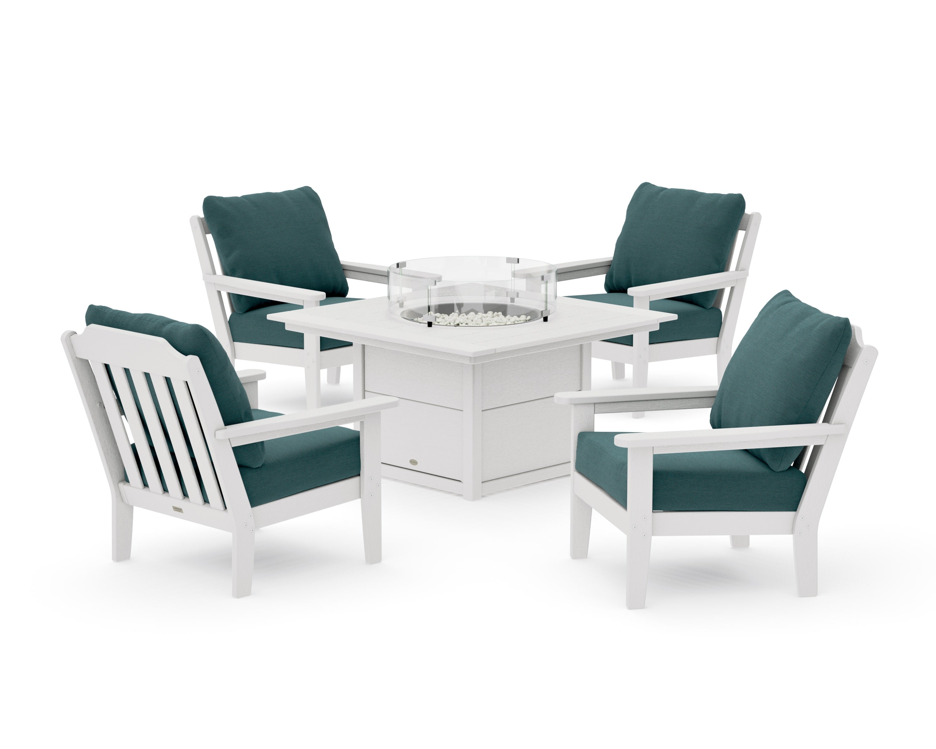 Cottage 5-Piece Deep Seating Set with Fire Pit Table in Vintage White / Ocean Teal