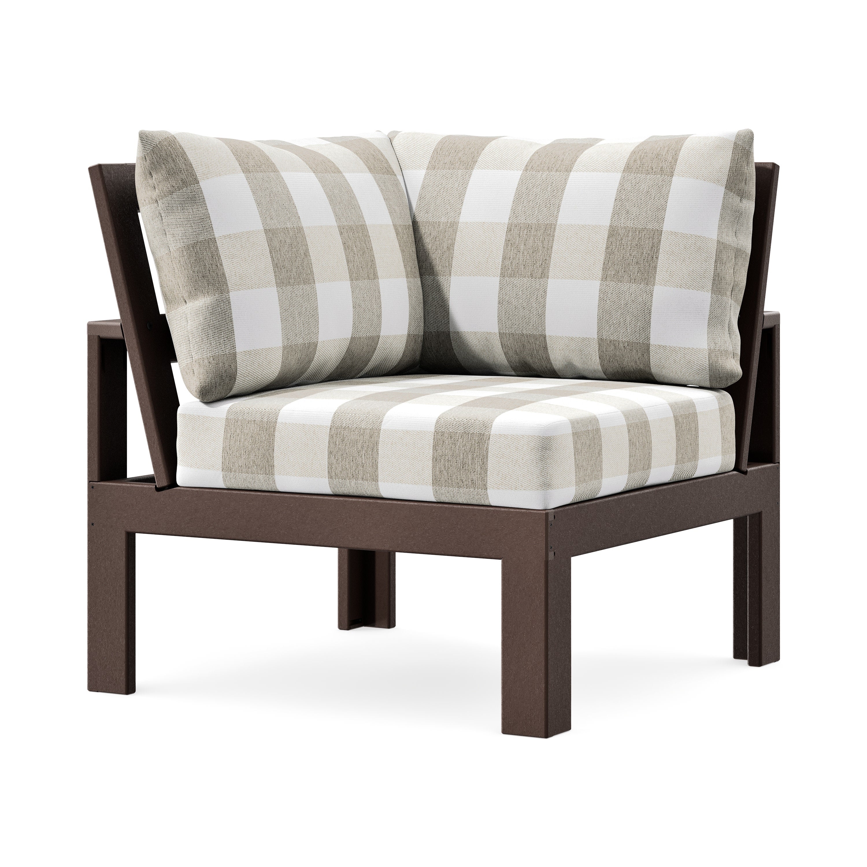 Modular Corner Chair in Mahogany / Buffalo Plaid Dune Burlap