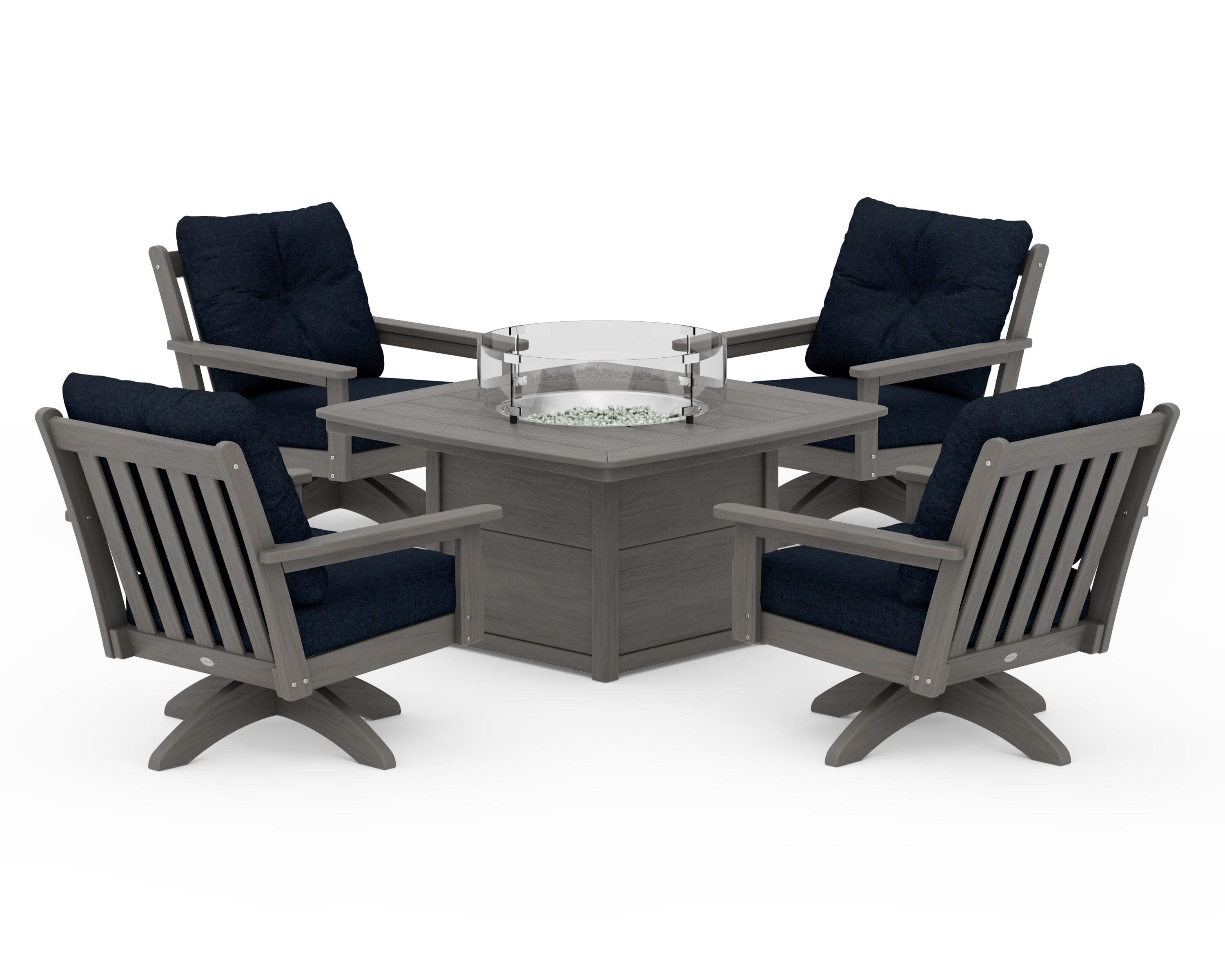 Vineyard 5-Piece Deep Seating Swivel Conversation Set with Fire Pit Table in Driftwood / Marine Indigo