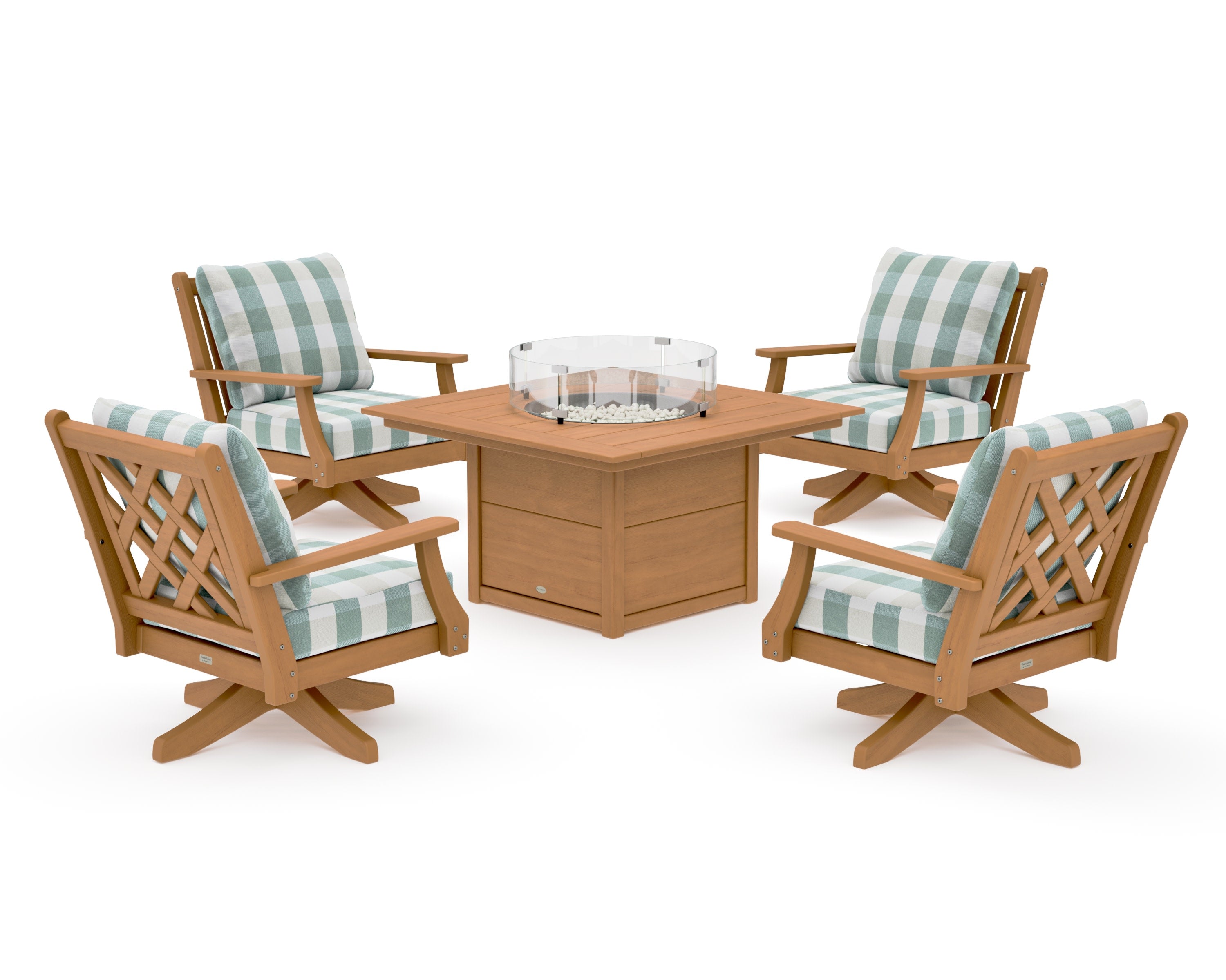Wovendale 5-Piece Deep Seating Swivel Conversation Set with Fire Pit Table in Natural / Buffalo Plaid Glacier Spa