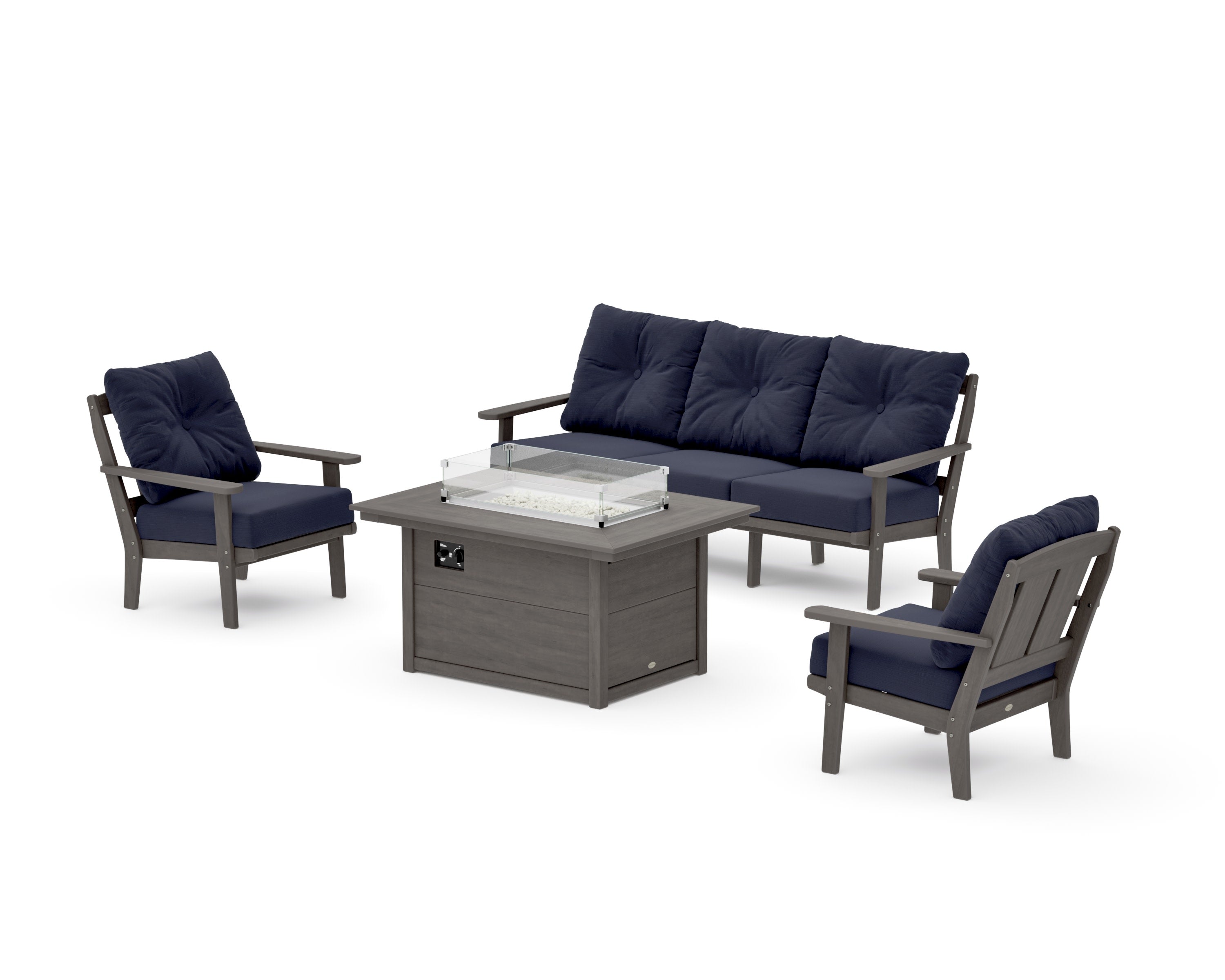 Mission Deep Seating Fire Pit Table Set in Driftwood / Navy Linen