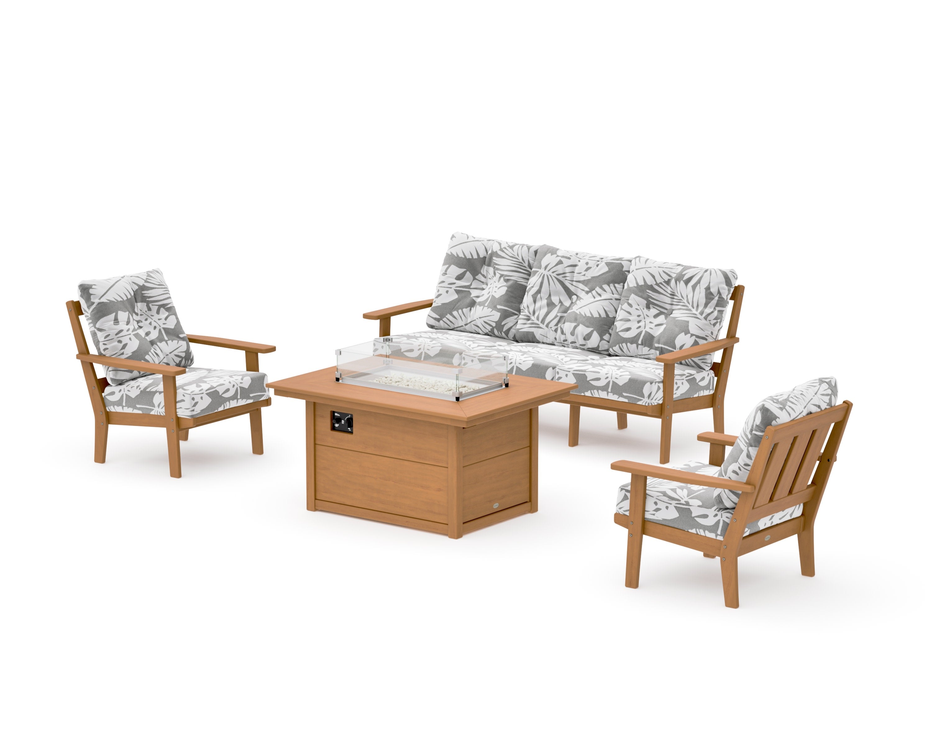 Oxford Deep Seating Fire Pit Table Set in Natural / Leaf Grey Mist