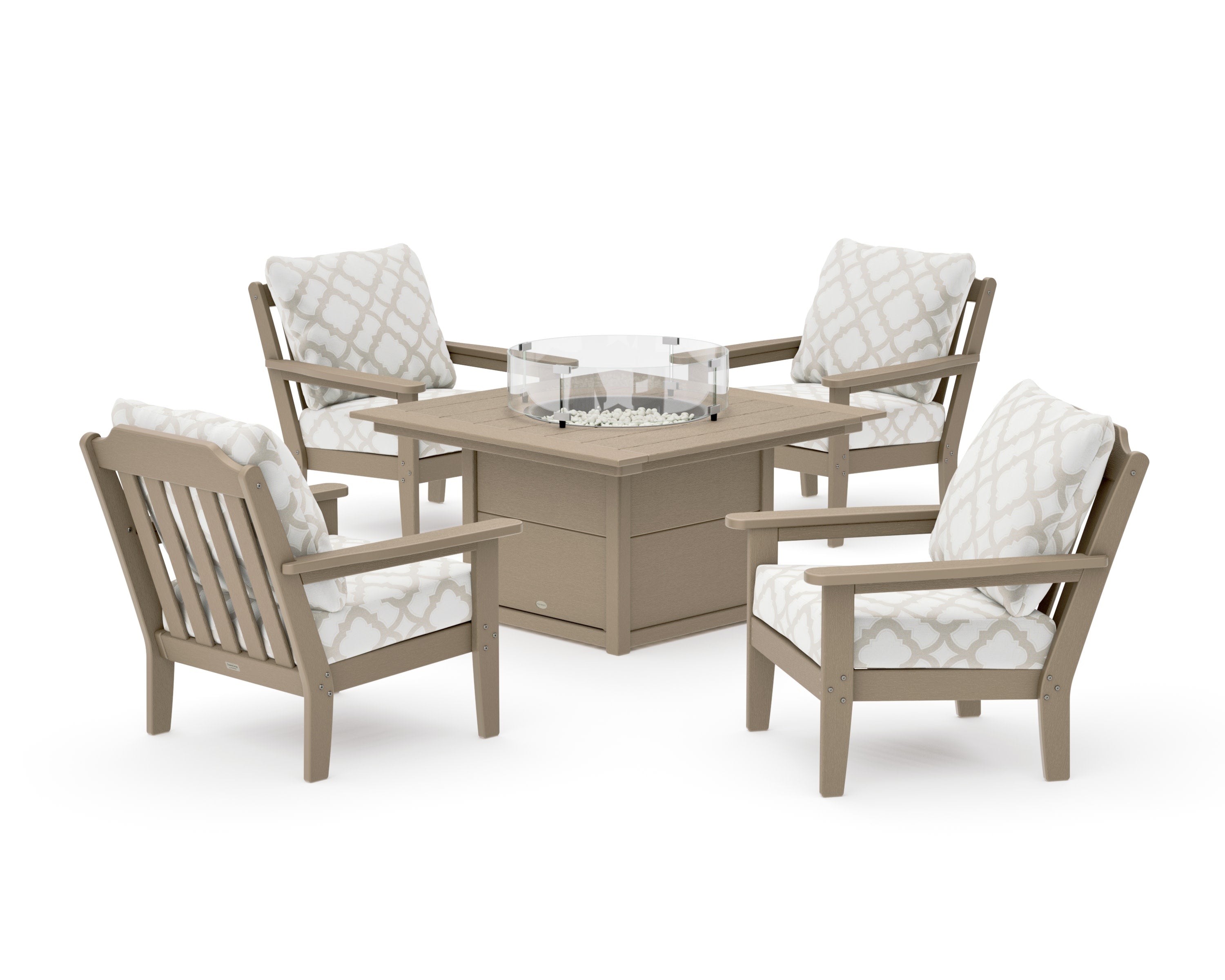 Cottage 5-Piece Deep Seating Set with Fire Pit Table in Vintage Sahara / Trellis Dune Burlap