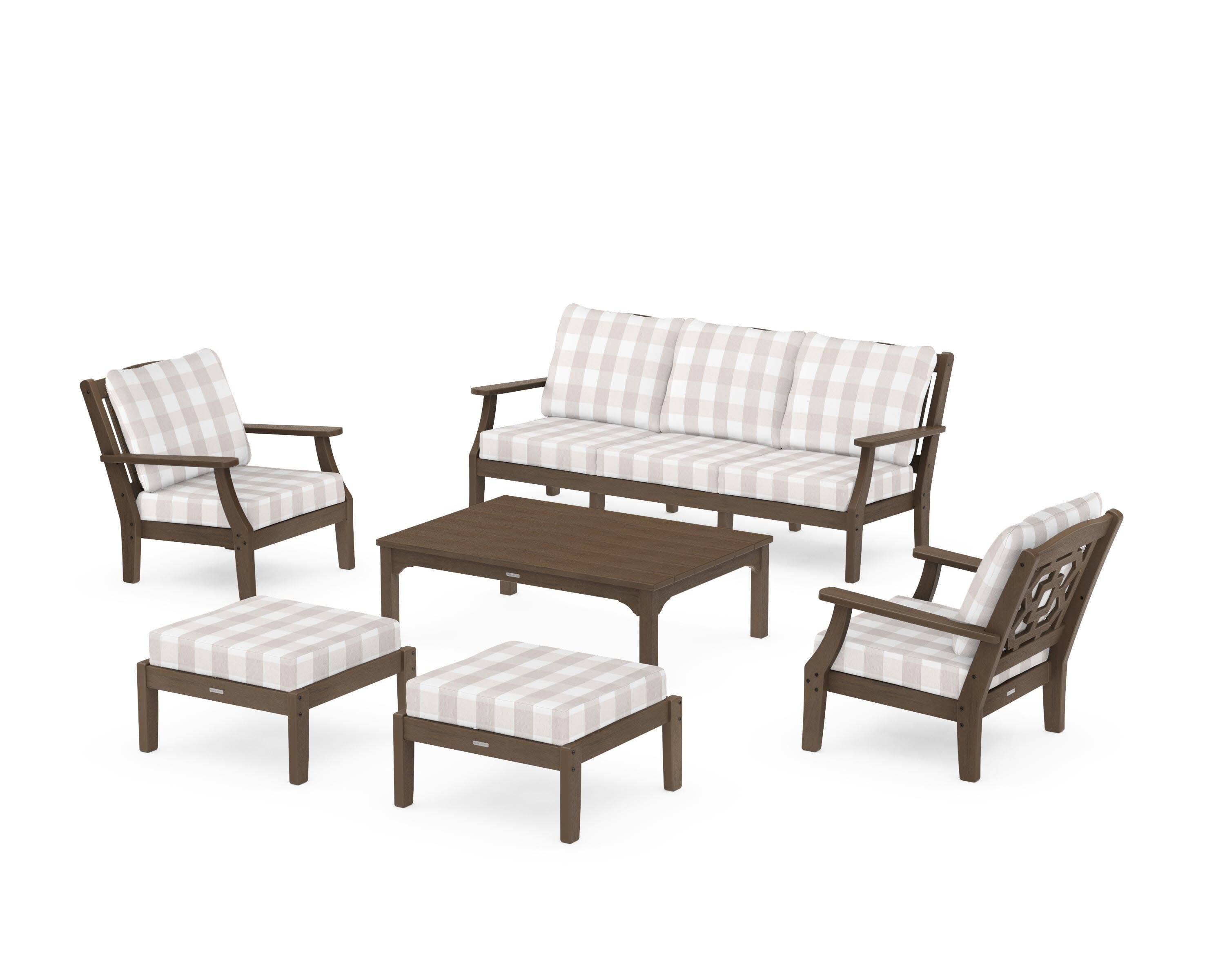 Chinoiserie 6-Piece Lounge Sofa Set in Kona / Buffalo Plaid Dune Burlap