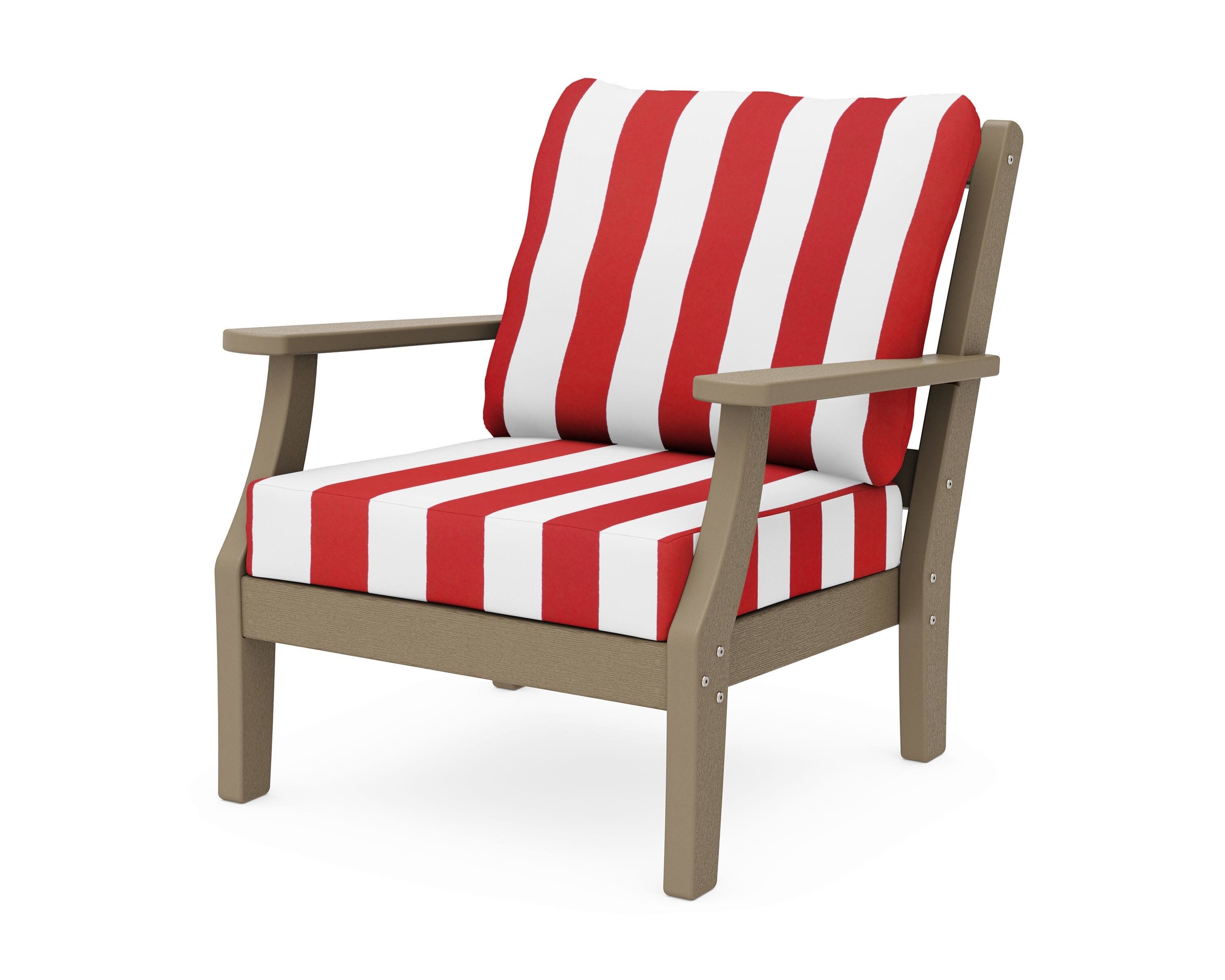 Chinoiserie Deep Seating Chair in Vintage Sahara / Cabana Stripe Crimson