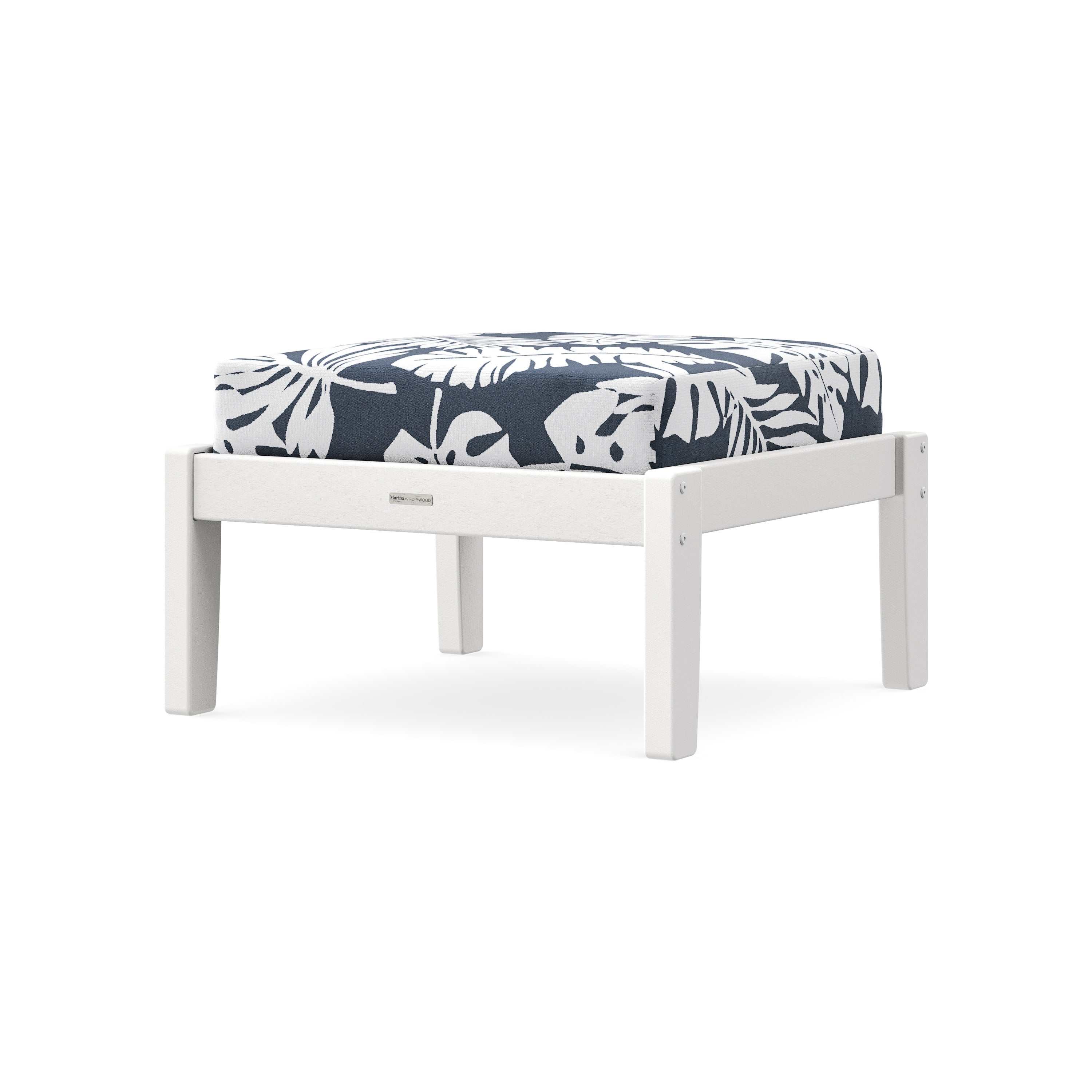 Chinoiserie Deep Seating Ottoman in White / Leaf Marine Indigo