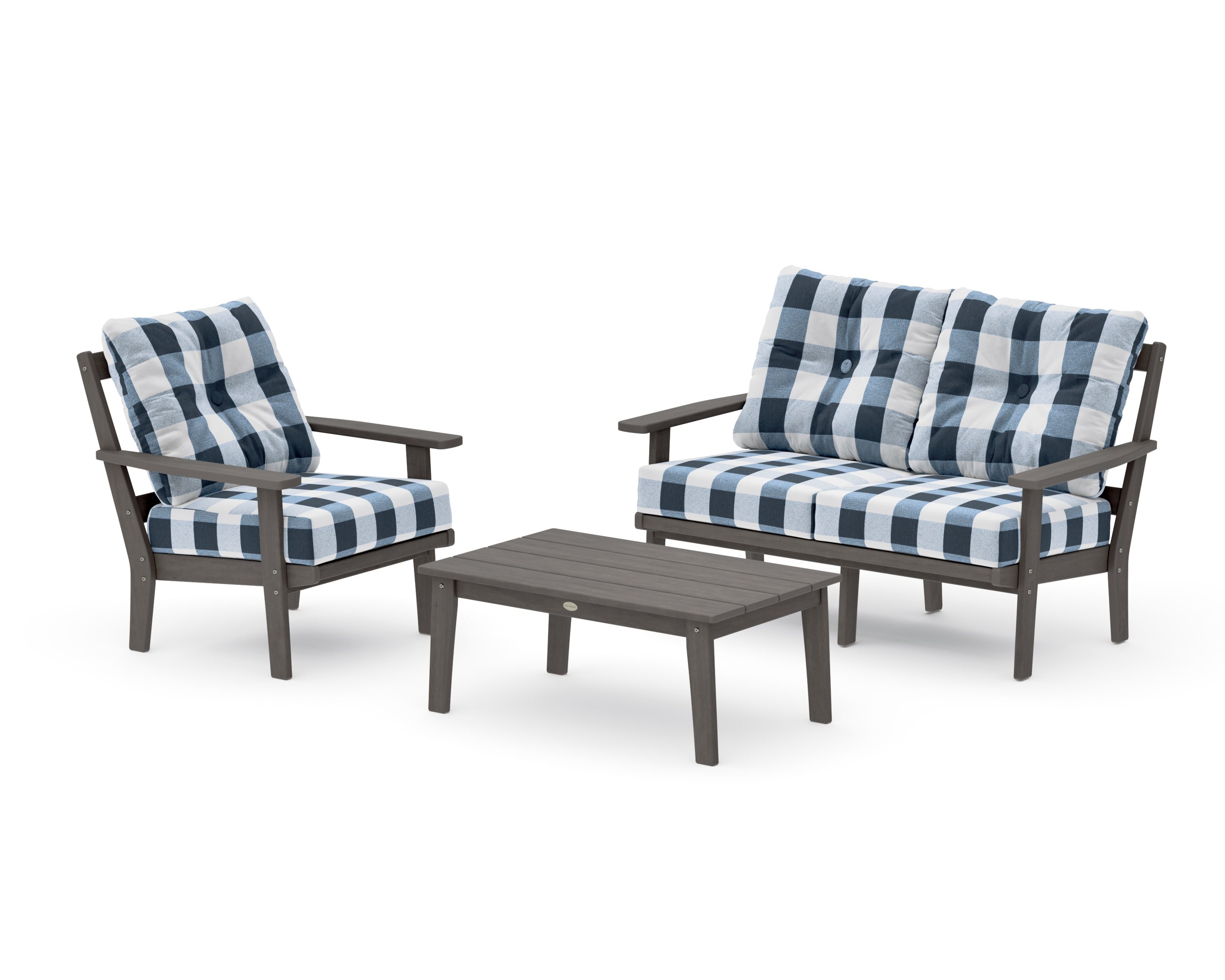 Prairie 3-Piece Deep Seating Set with Loveseat in Driftwood / Buffalo Plaid Marine Indigo