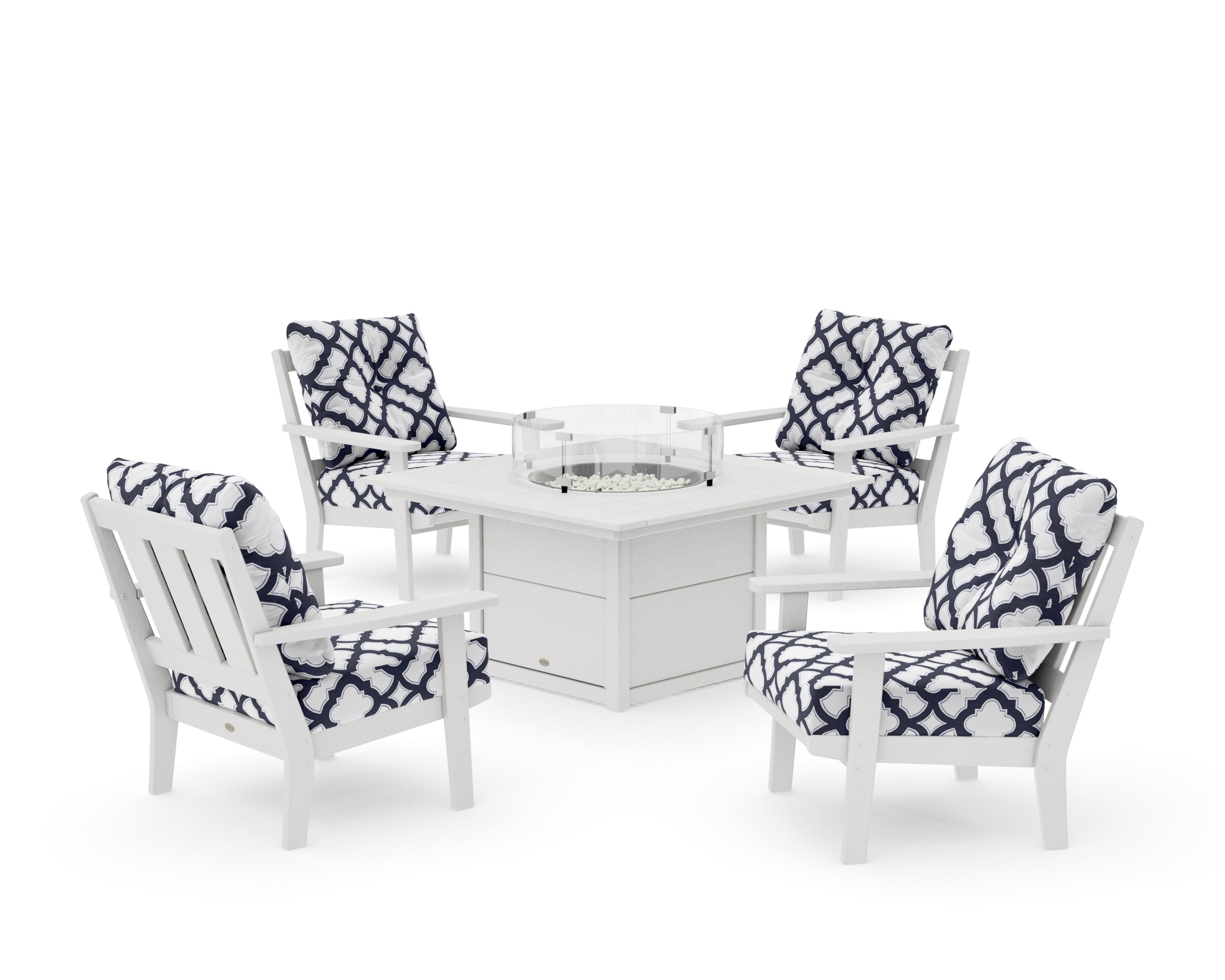 Oxford 5-Piece Deep Seating Set with Fire Pit Table in Vintage White / Trellis Navy