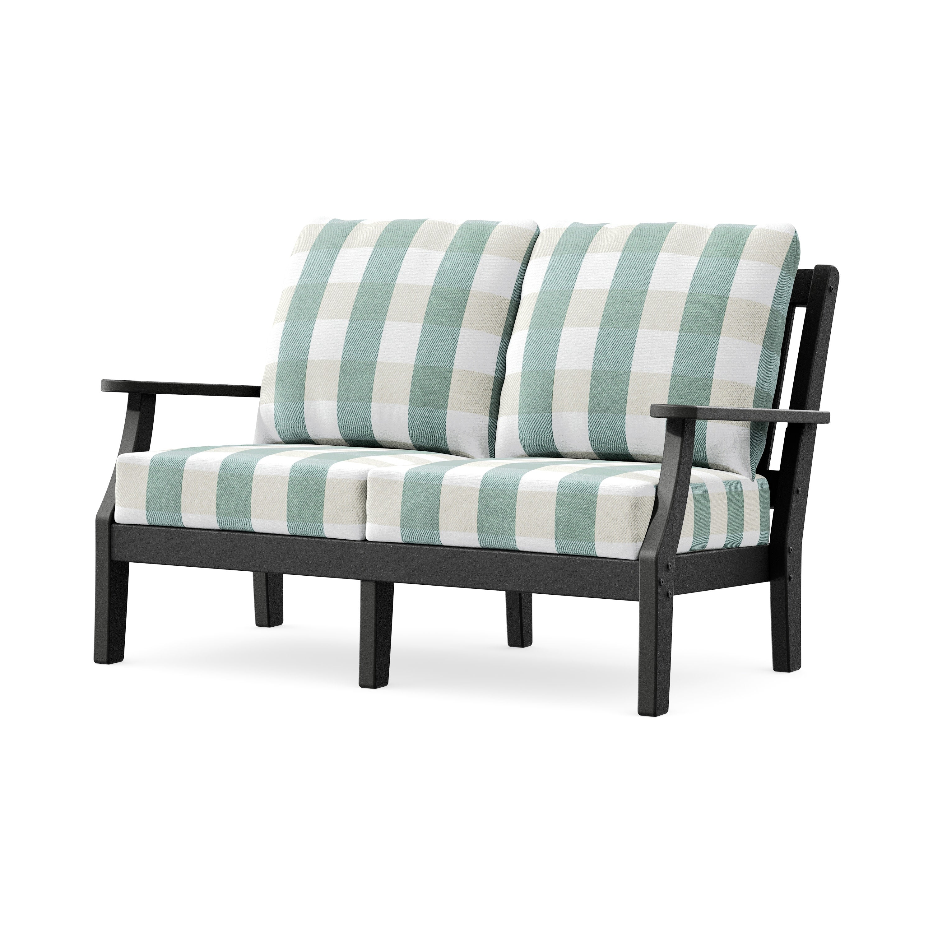Chinoiserie Deep Seating Loveseat in Black / Buffalo Plaid Glacier Spa