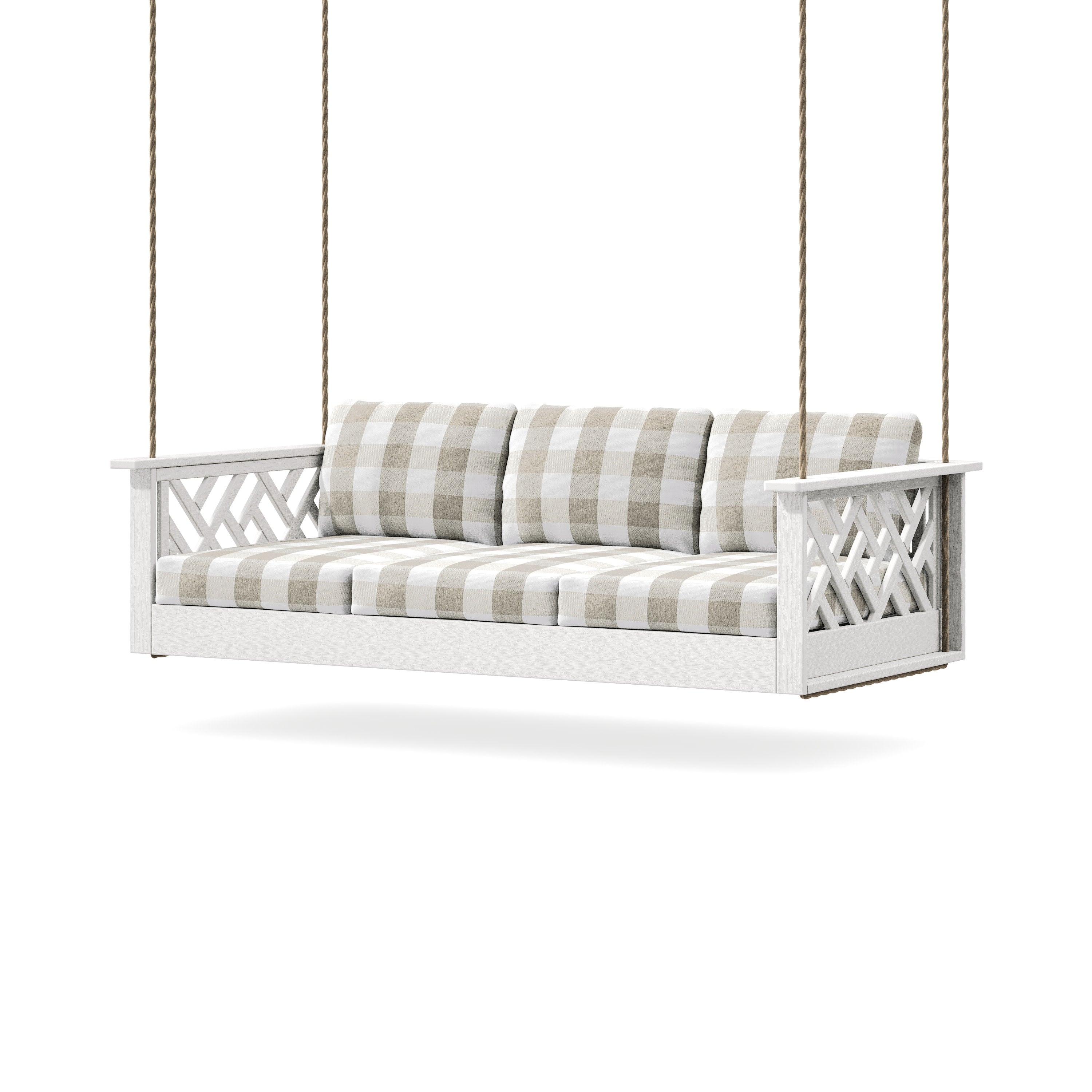 Chippendale Daybed Swing in Vintage White / Buffalo Plaid Dune Burlap