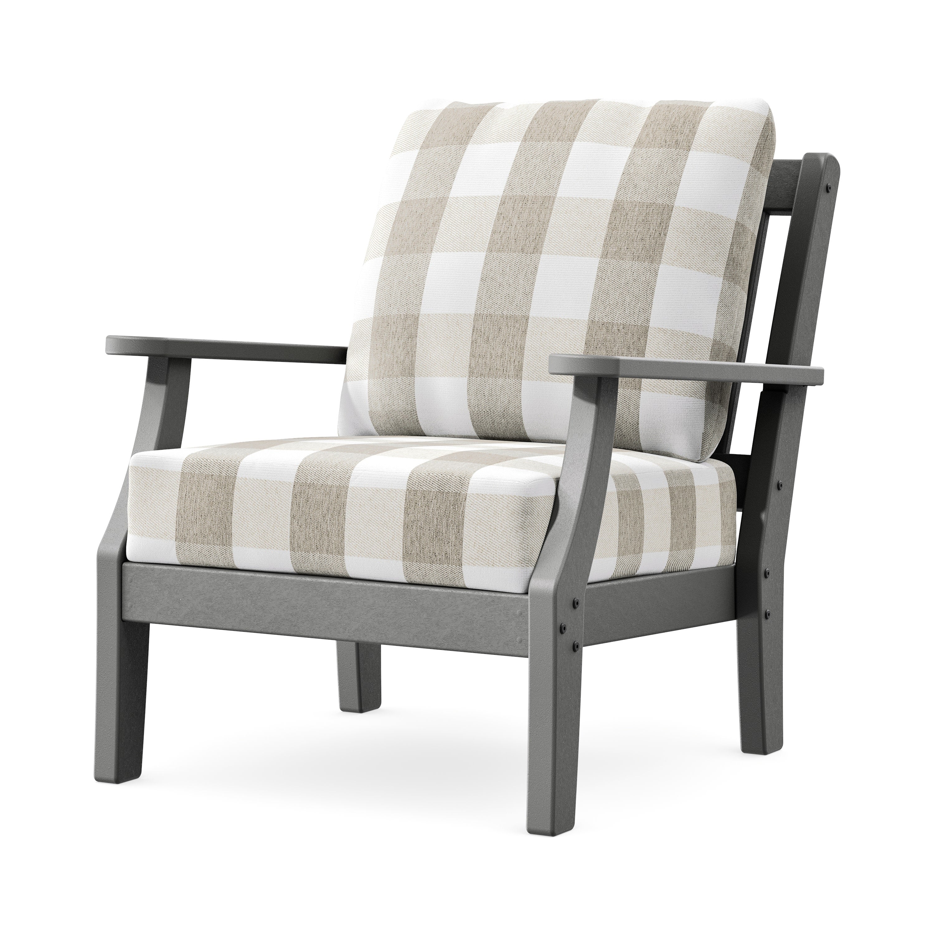 Chinoiserie Deep Seating Chair in Slate Grey / Buffalo Plaid Dune Burlap