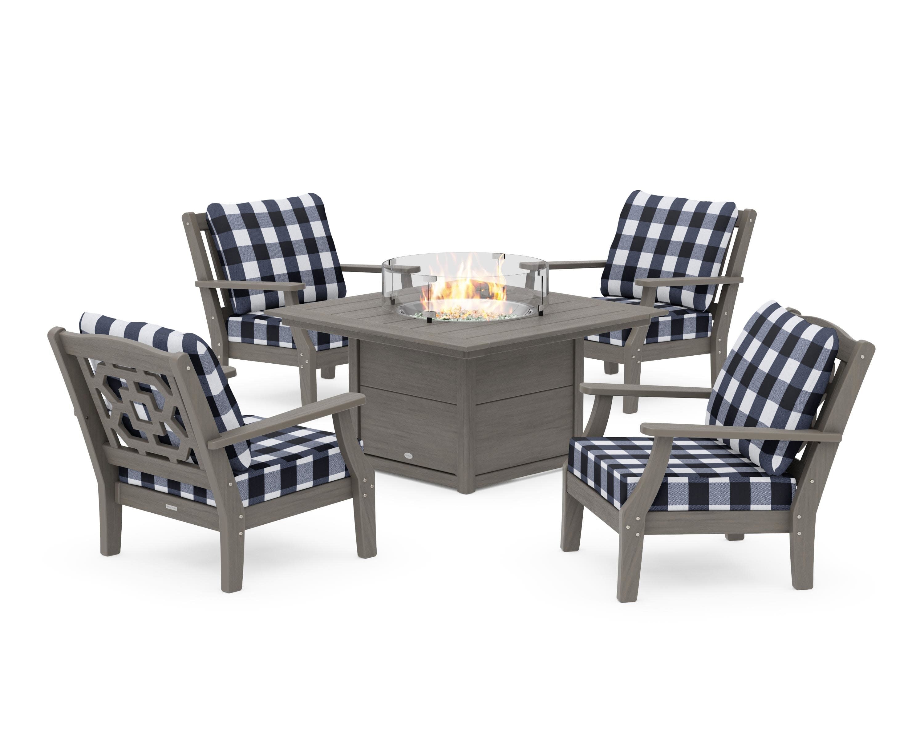 Chinoiserie 5-Piece Deep Seating Set with Fire Pit Table in Driftwood / Buffalo Plaid Marine Indigo