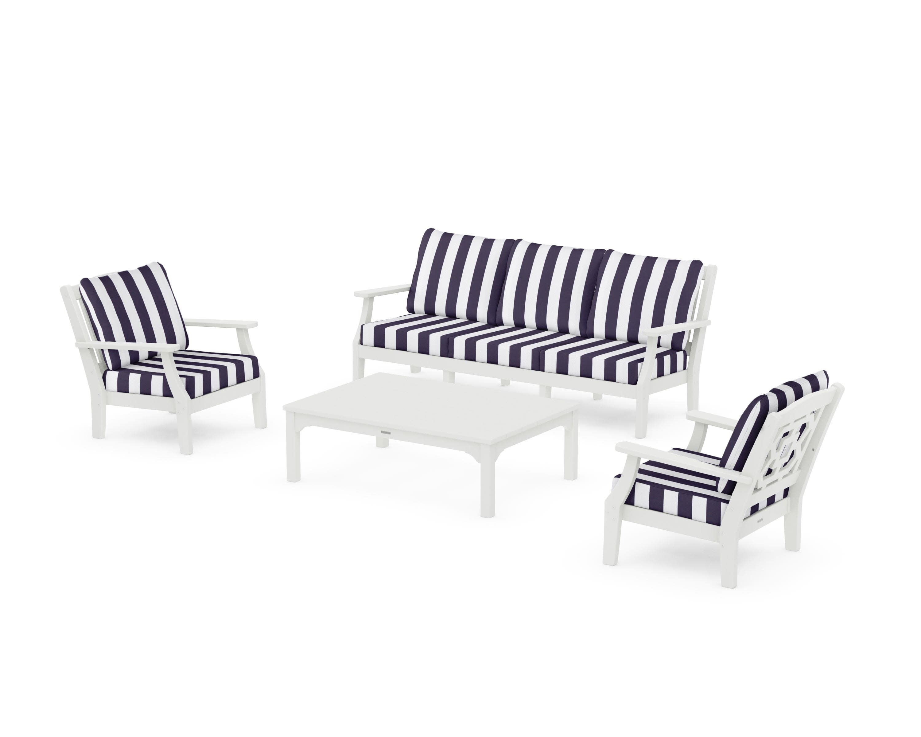 Chinoiserie 4-Piece Deep Seating Set with Sofa in Vintage White / Cabana Stripe Navy