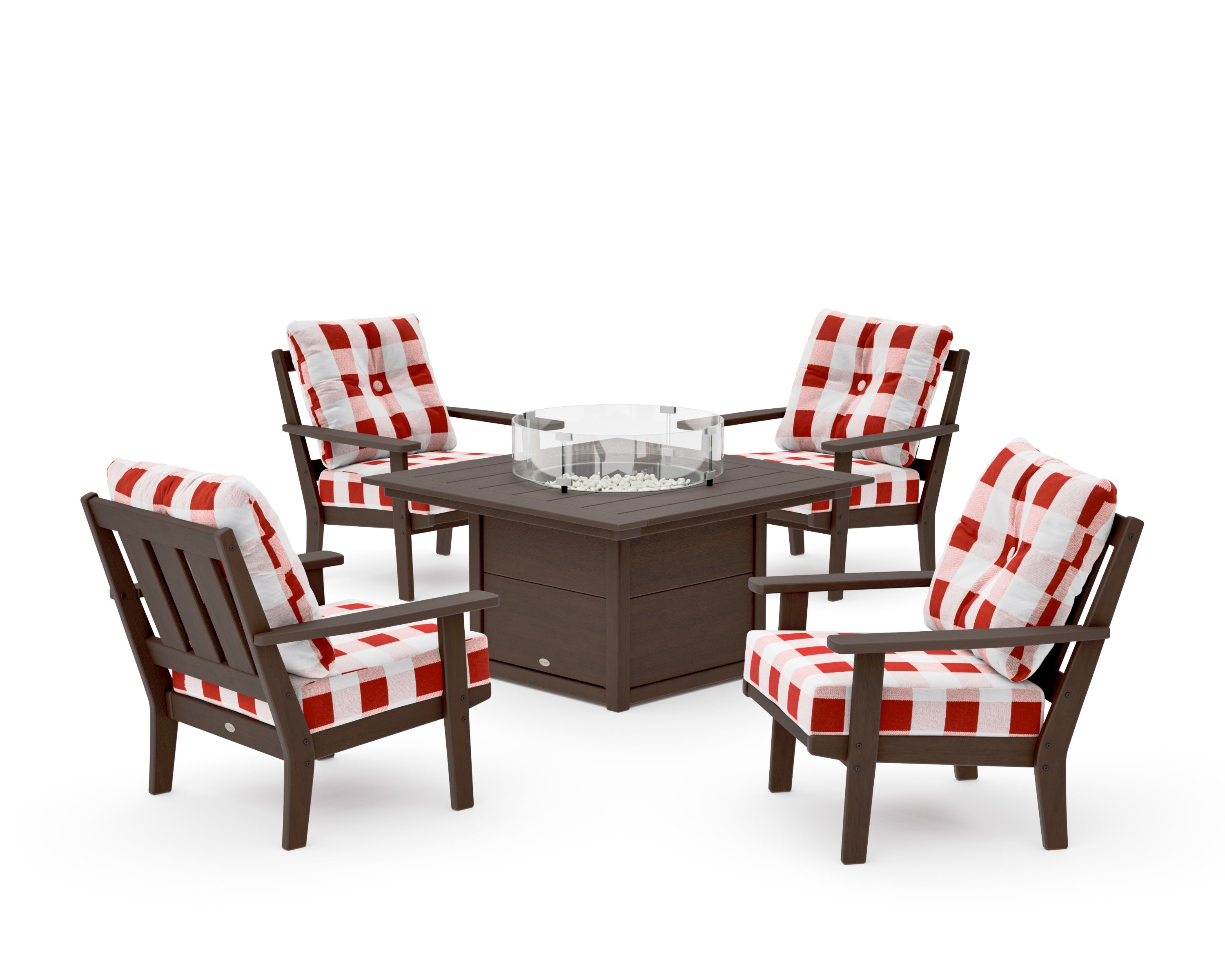 Oxford 5-Piece Deep Seating Set with Fire Pit Table in Kona / Buffalo Plaid Crimson