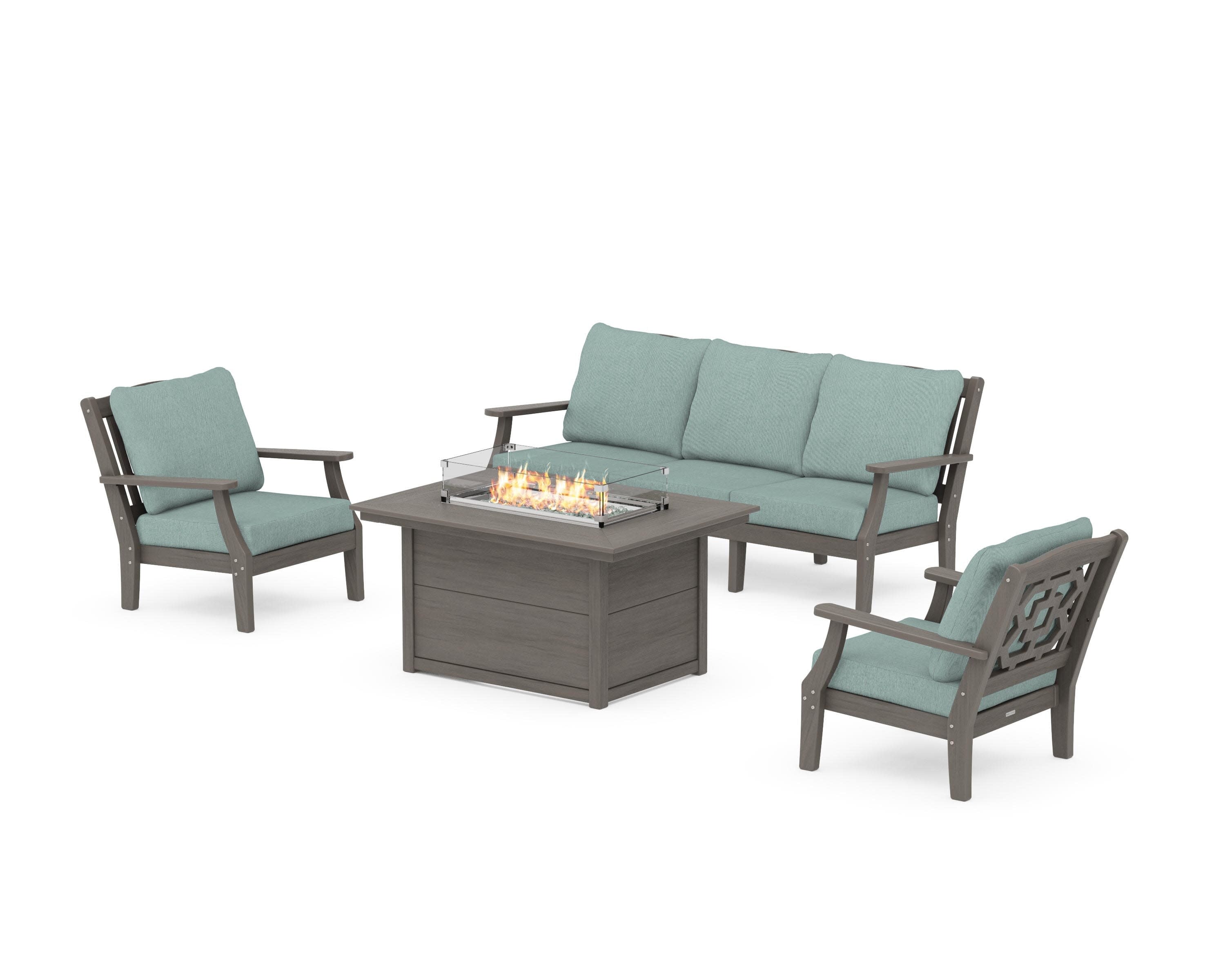 Chinoiserie Deep Seating Fire Pit Table Set in Driftwood / Glacier Spa