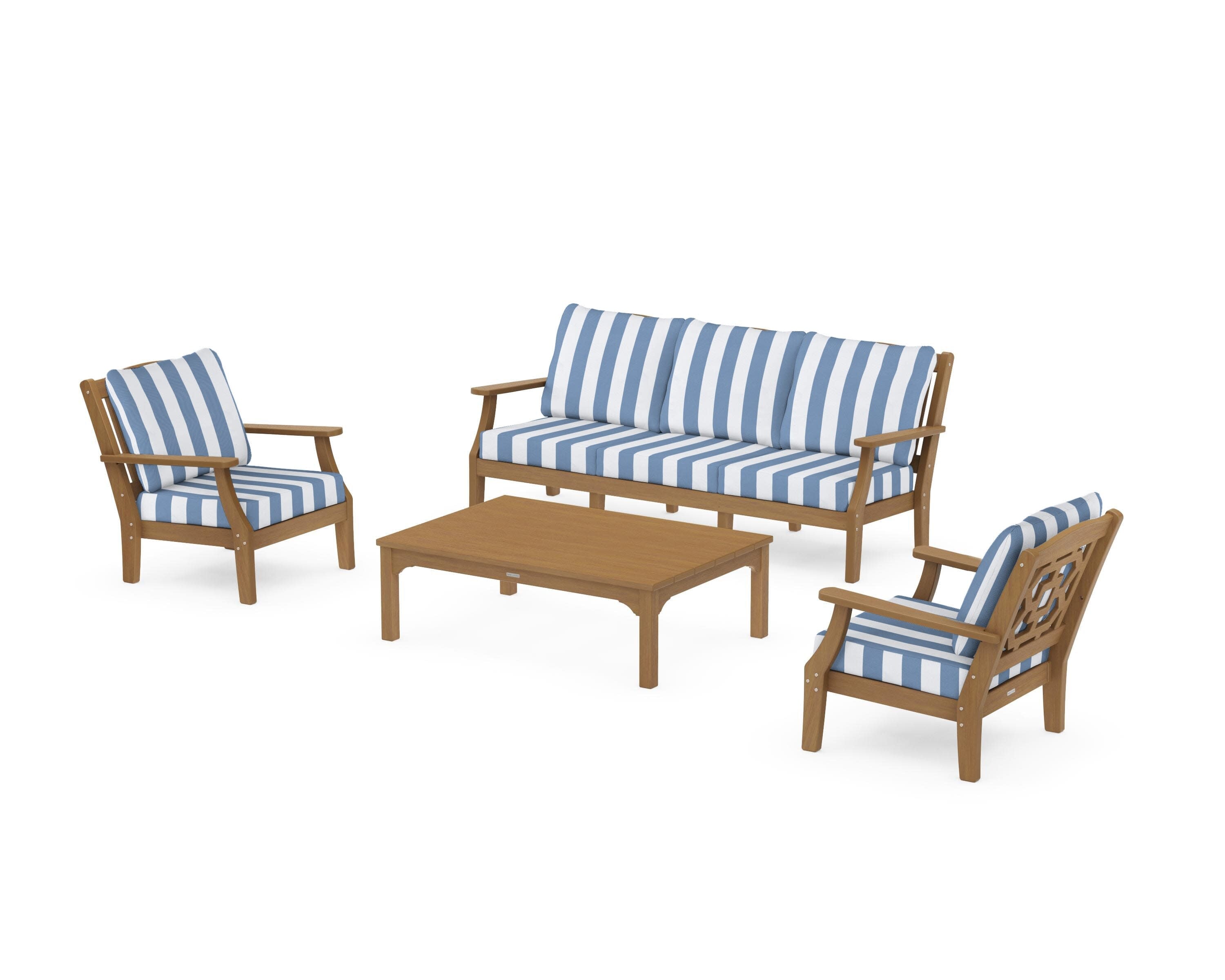 Chinoiserie 4-Piece Deep Seating Set with Sofa in Natural / Cabana Stripe Sky Blue