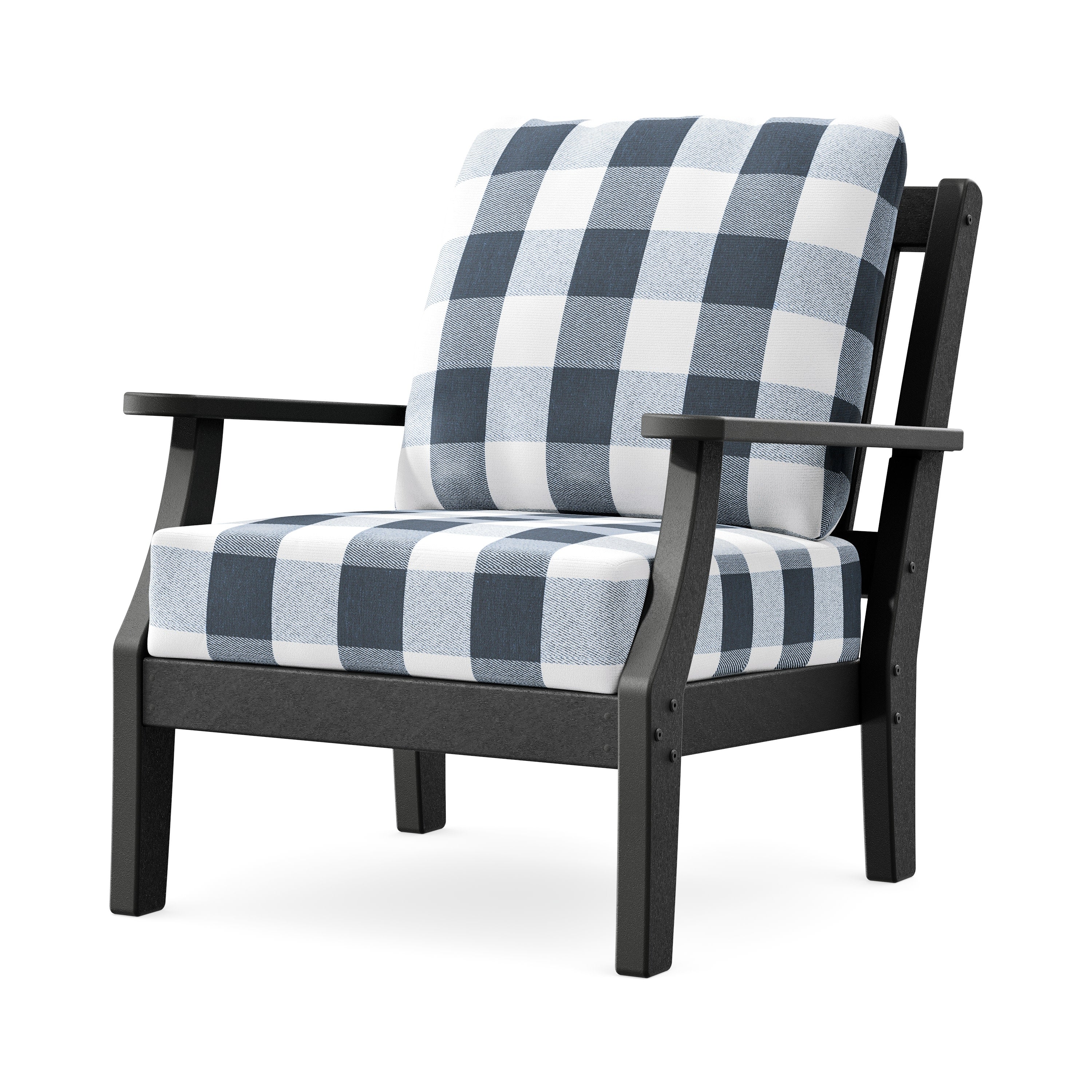 Chinoiserie Deep Seating Chair in Black / Buffalo Plaid Marine Indigo