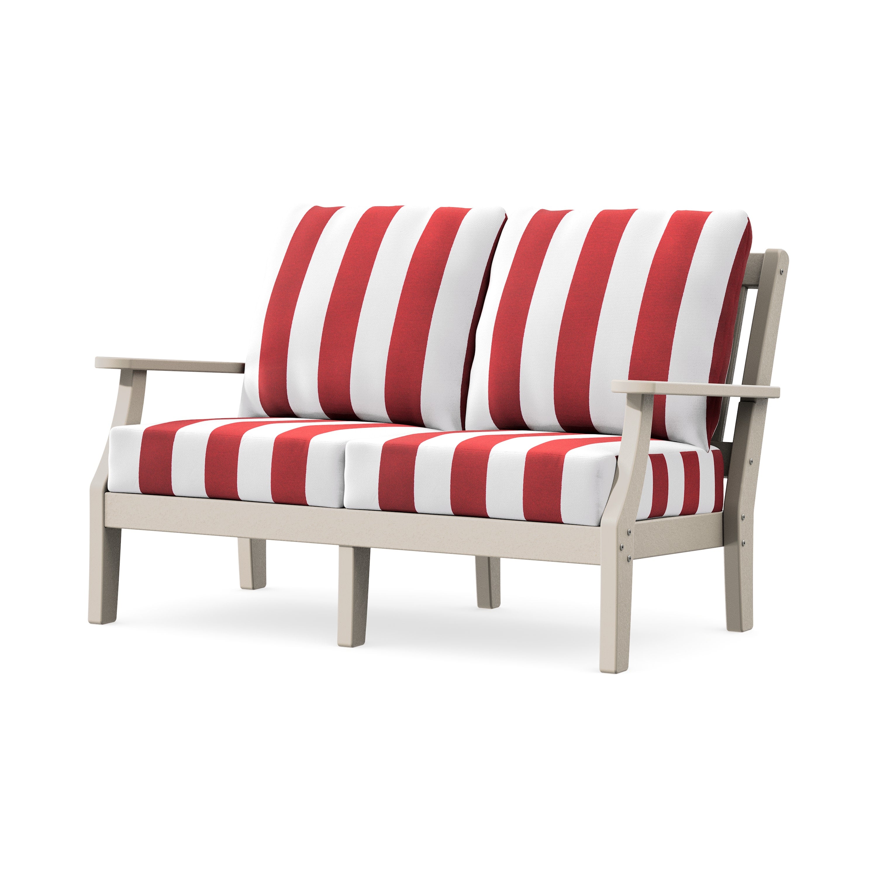 Chinoiserie Deep Seating Loveseat in Sand / Cabana Stripe Crimson