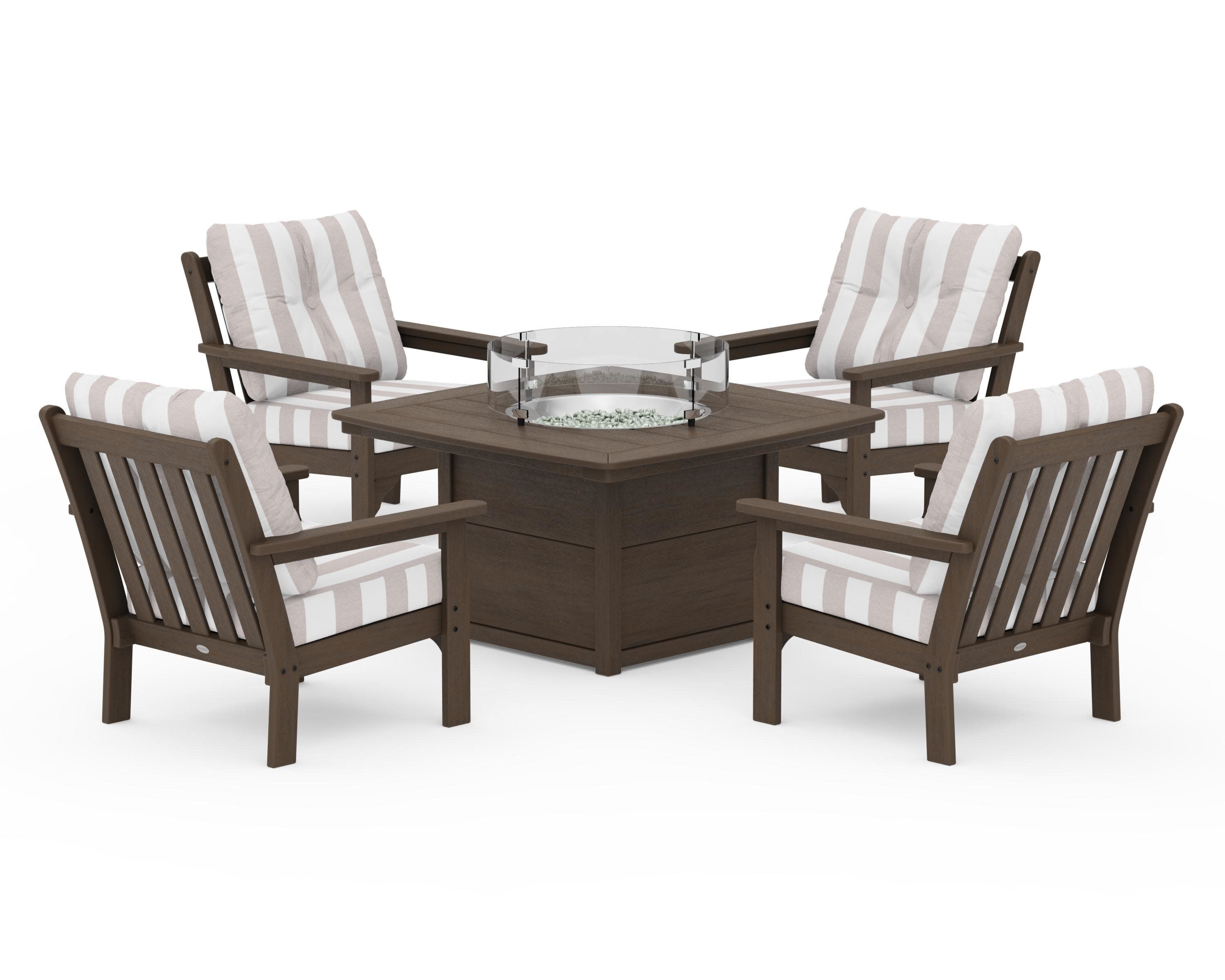 Vineyard 5-Piece Conversation Set with Fire Pit Table in Kona / Cabana Stripe Dune Burlap