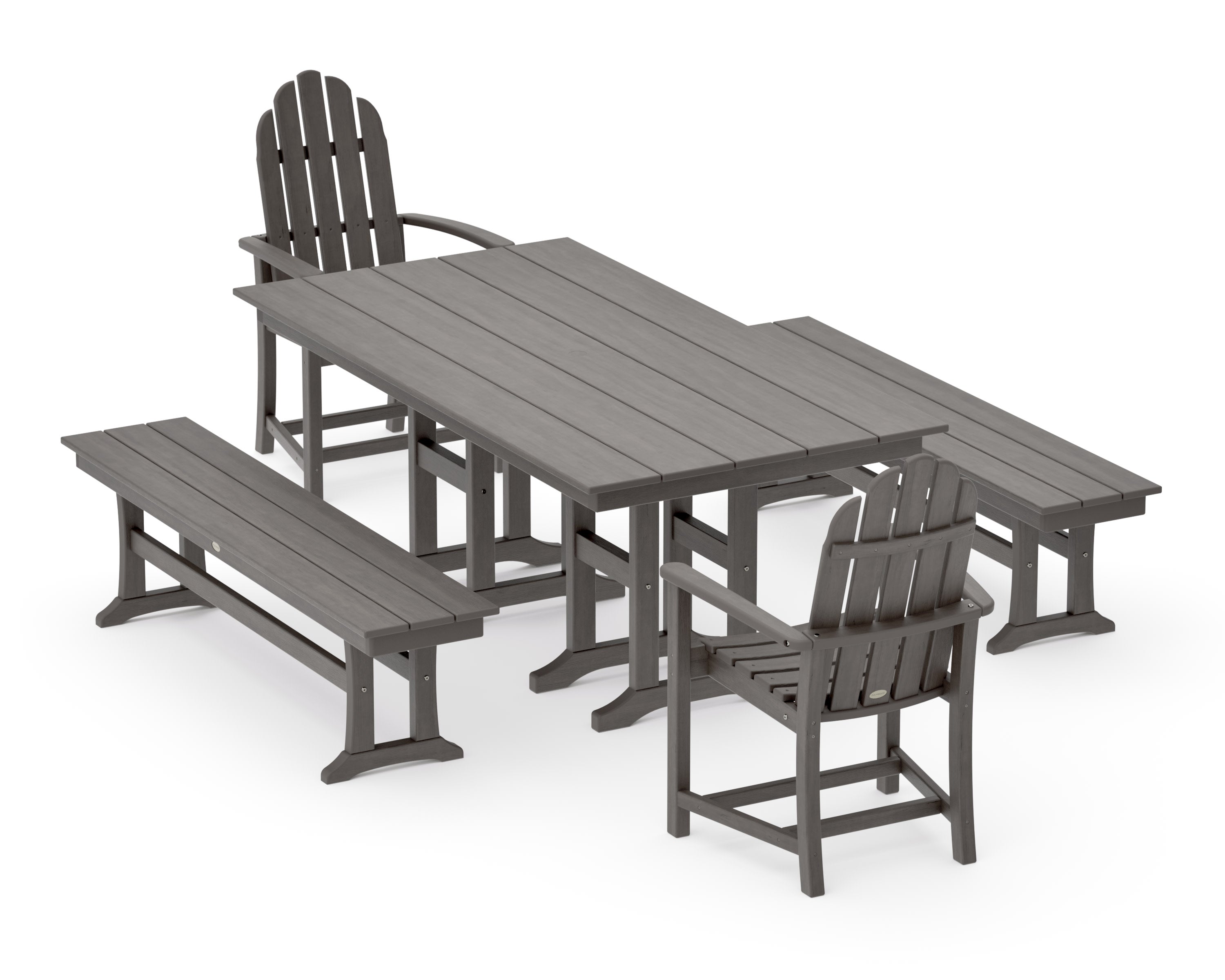Classic Adirondack 5-Piece Farmhouse Dining Set with Benches in Driftwood
