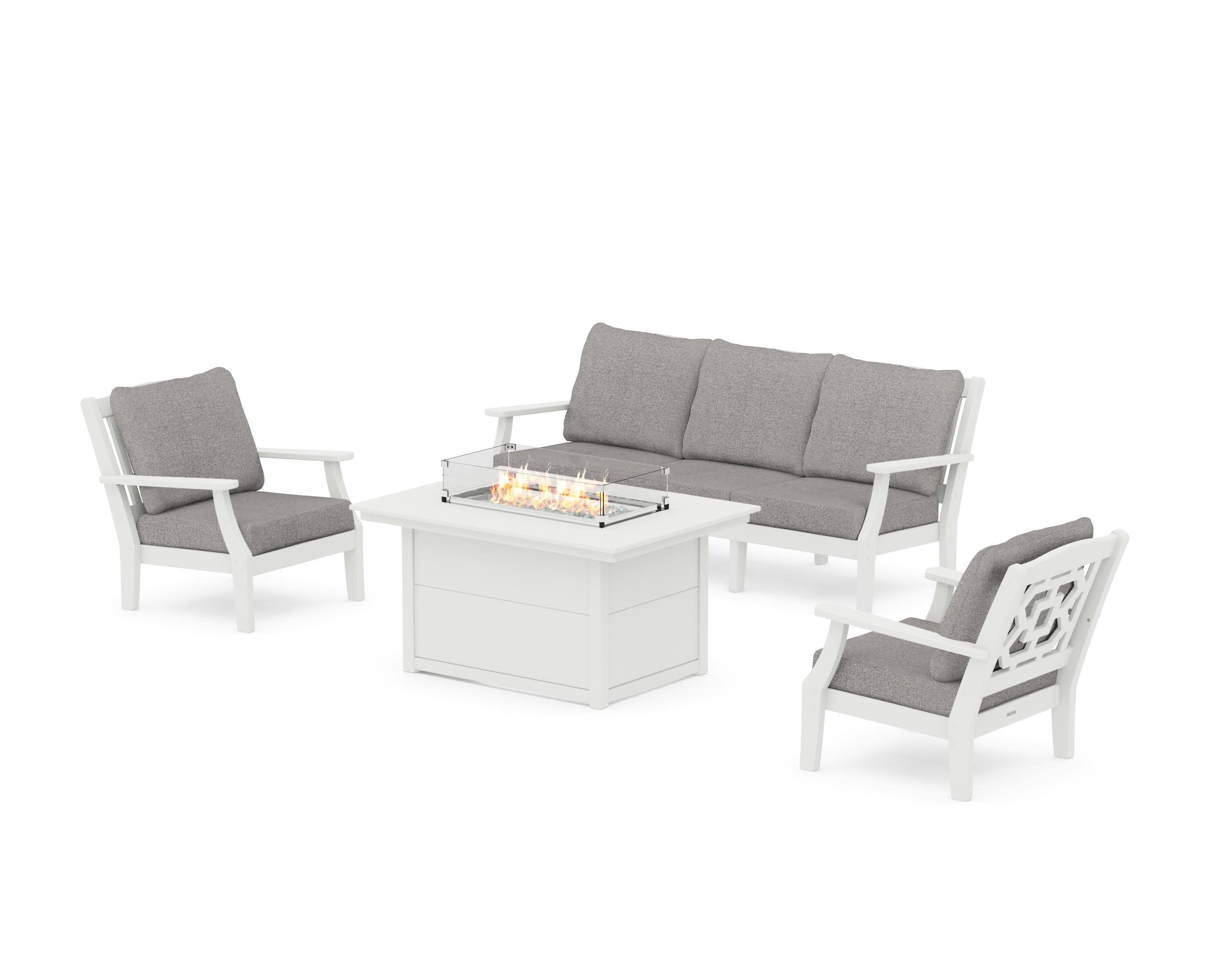 Chinoiserie Deep Seating Fire Pit Table Set in Vintage White / Grey Mist