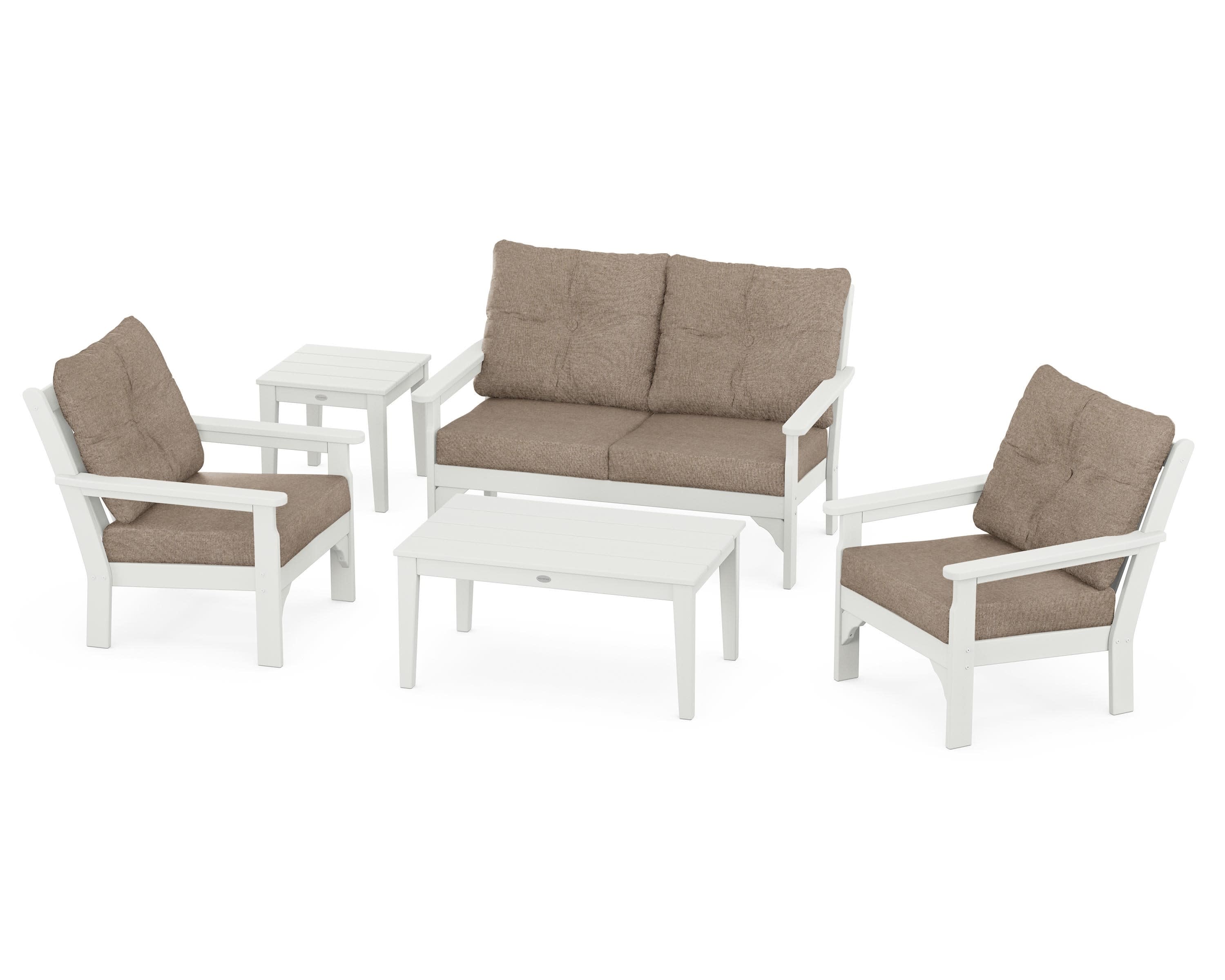 Vineyard 5-Piece Deep Seating Set in Vintage White / Spiced Burlap