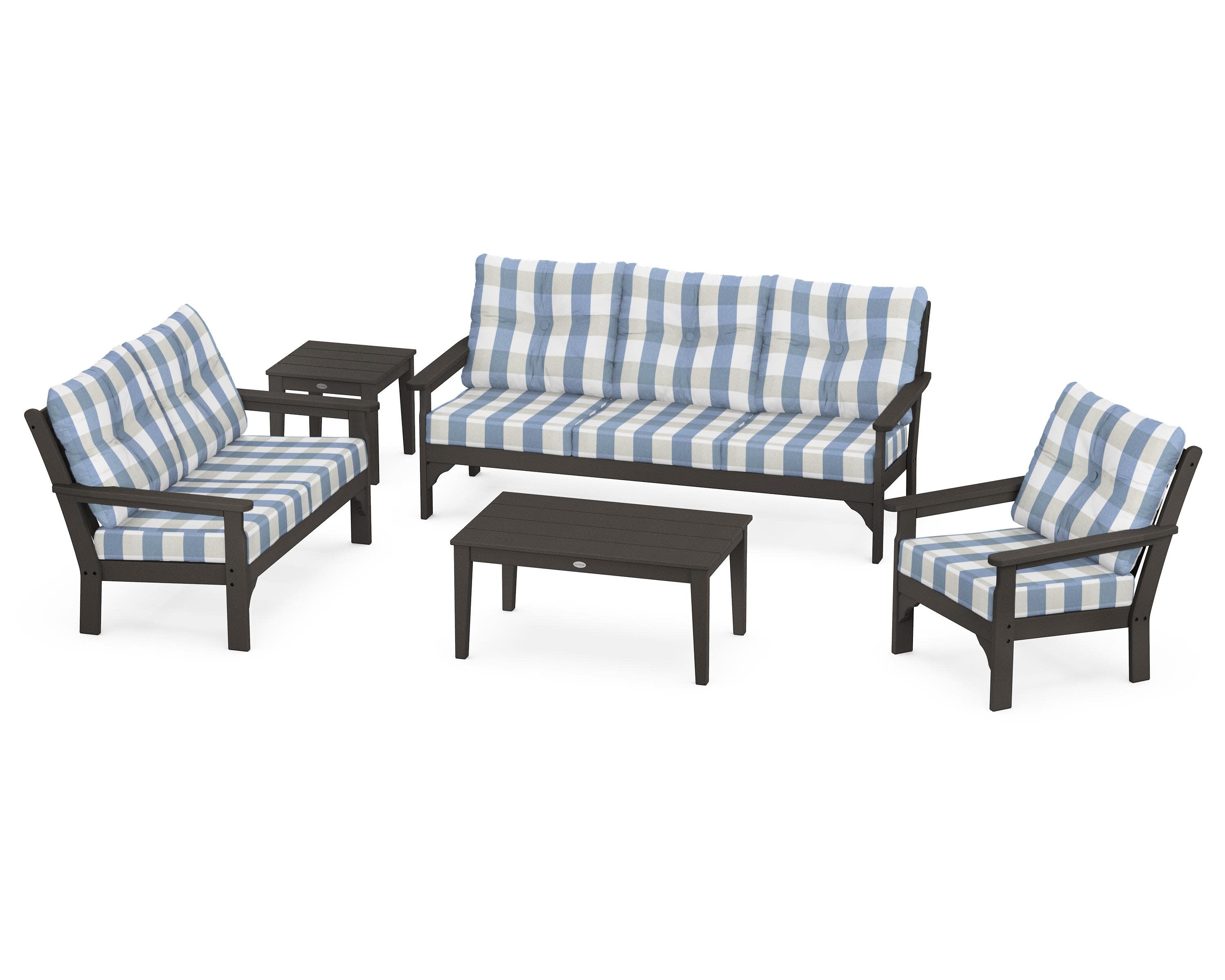 Vineyard 5 Piece Deep Seating Set in Vintage Coffee / Buffalo Plaid Sky Blue