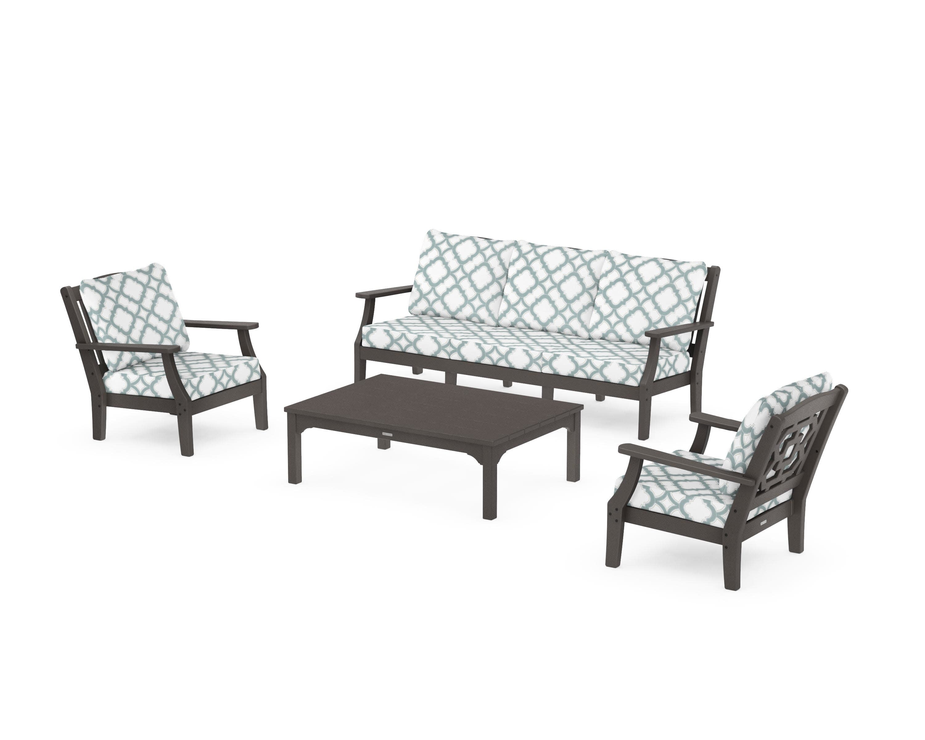 Chinoiserie 4-Piece Deep Seating Set with Sofa in Vintage Coffee / Trellis Glacier Spa