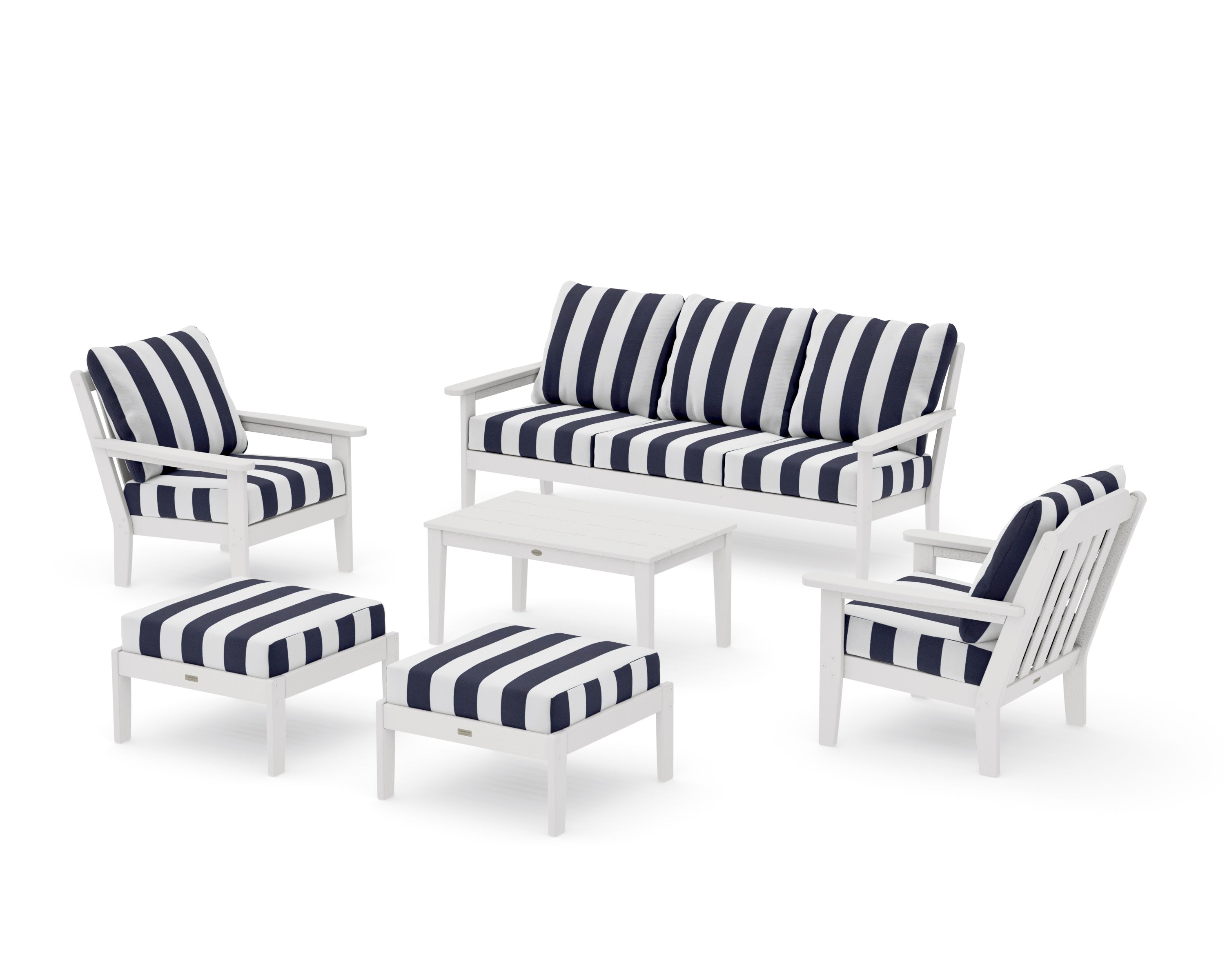 Cottage 6-Piece Lounge Sofa Set in Vintage White / Cabana Stripe Navy