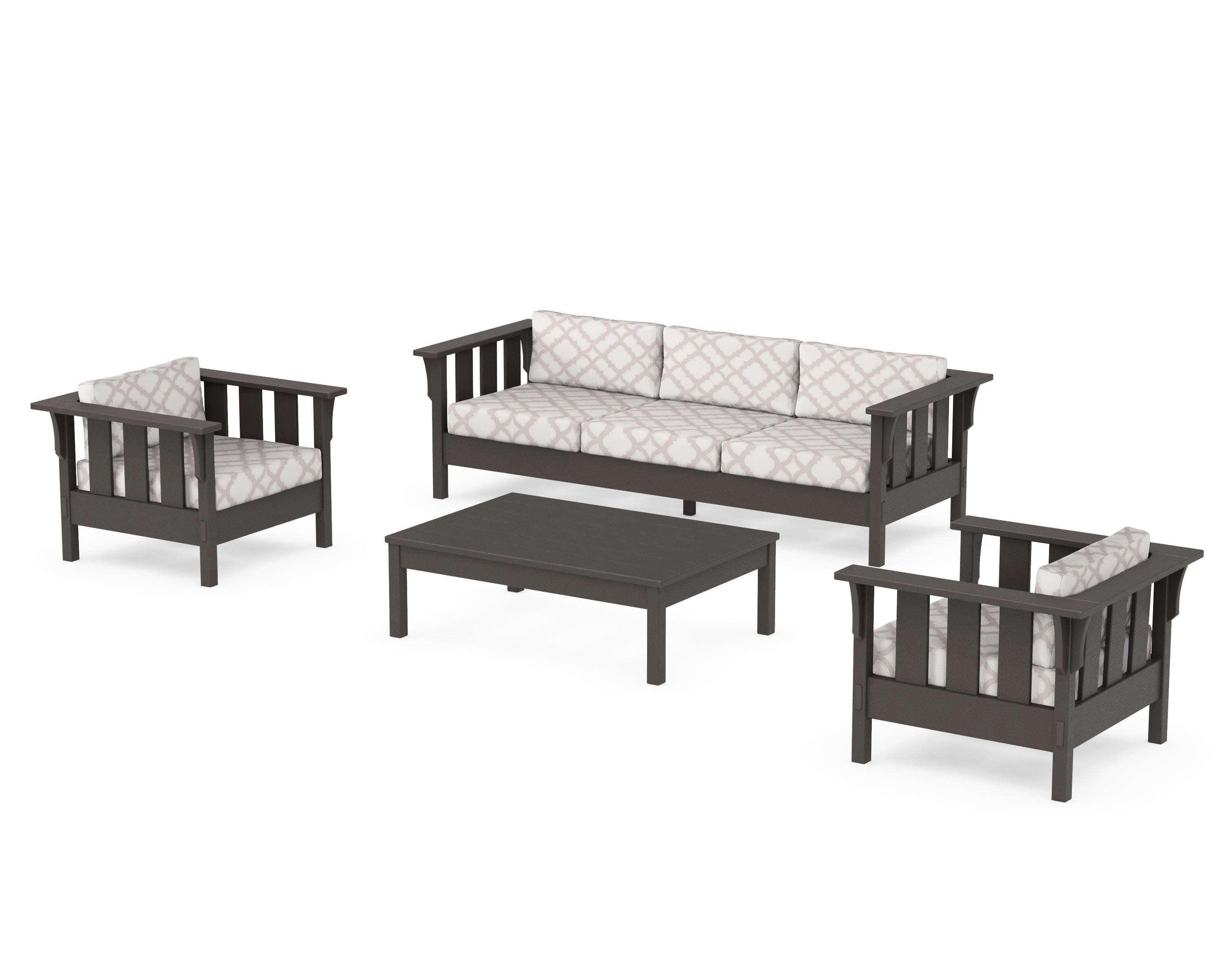 Acadia 4-Piece Deep Seating Set with Sofa in Vintage Coffee / Trellis Dune Burlap