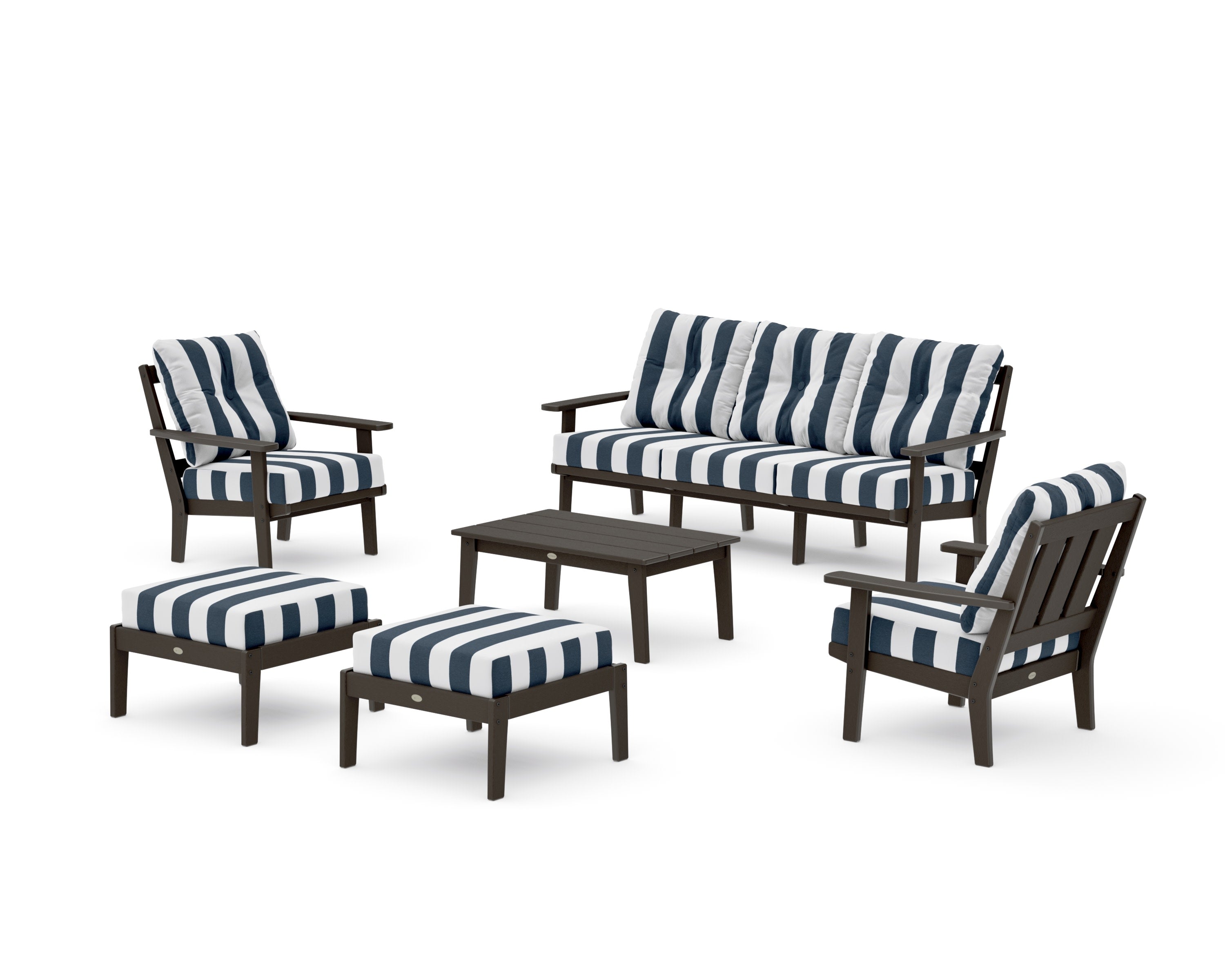 Oxford 6-Piece Lounge Sofa Set in Vintage Coffee / Cabana Stripe Marine Indigo