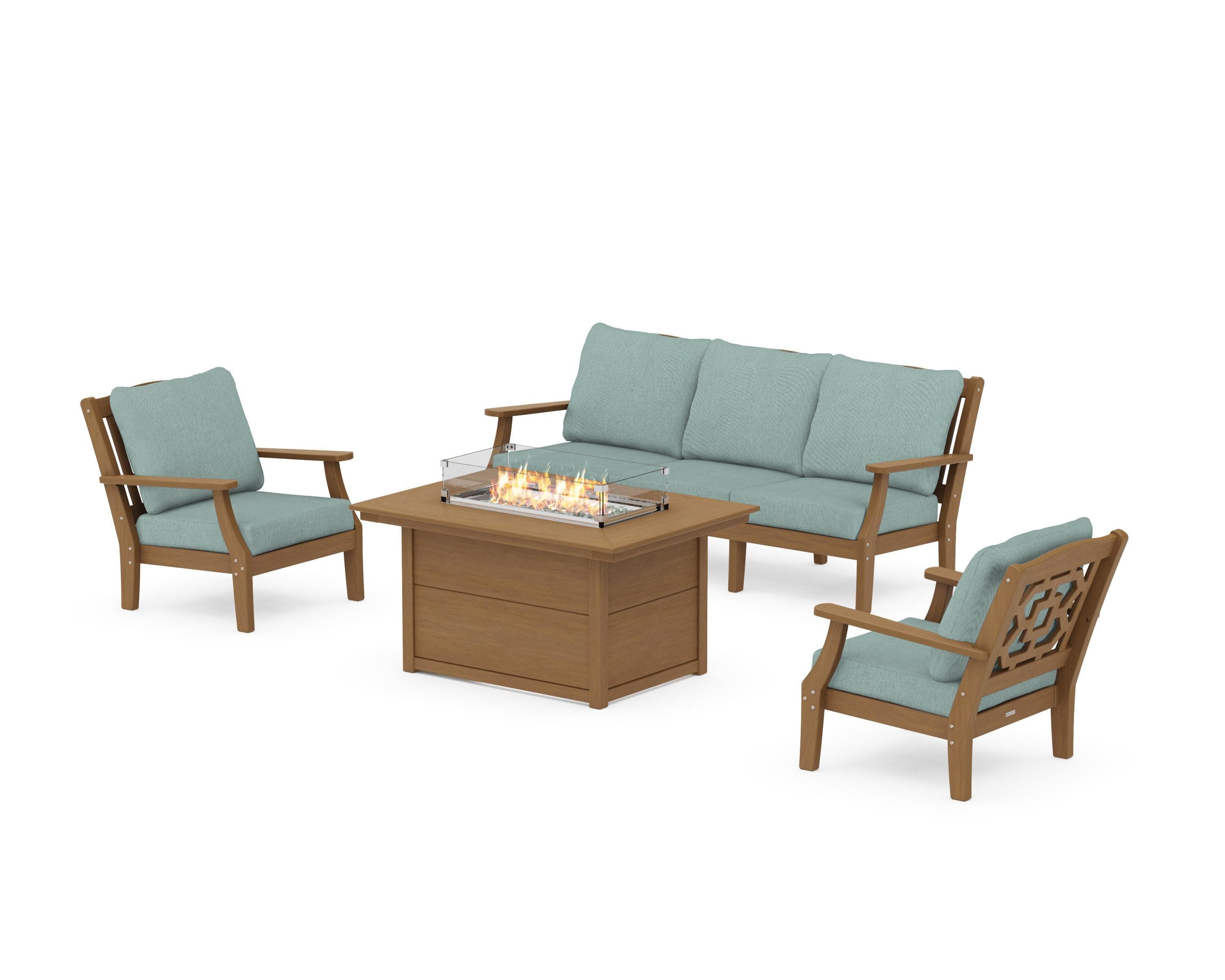 Chinoiserie Deep Seating Fire Pit Table Set in Natural / Glacier Spa