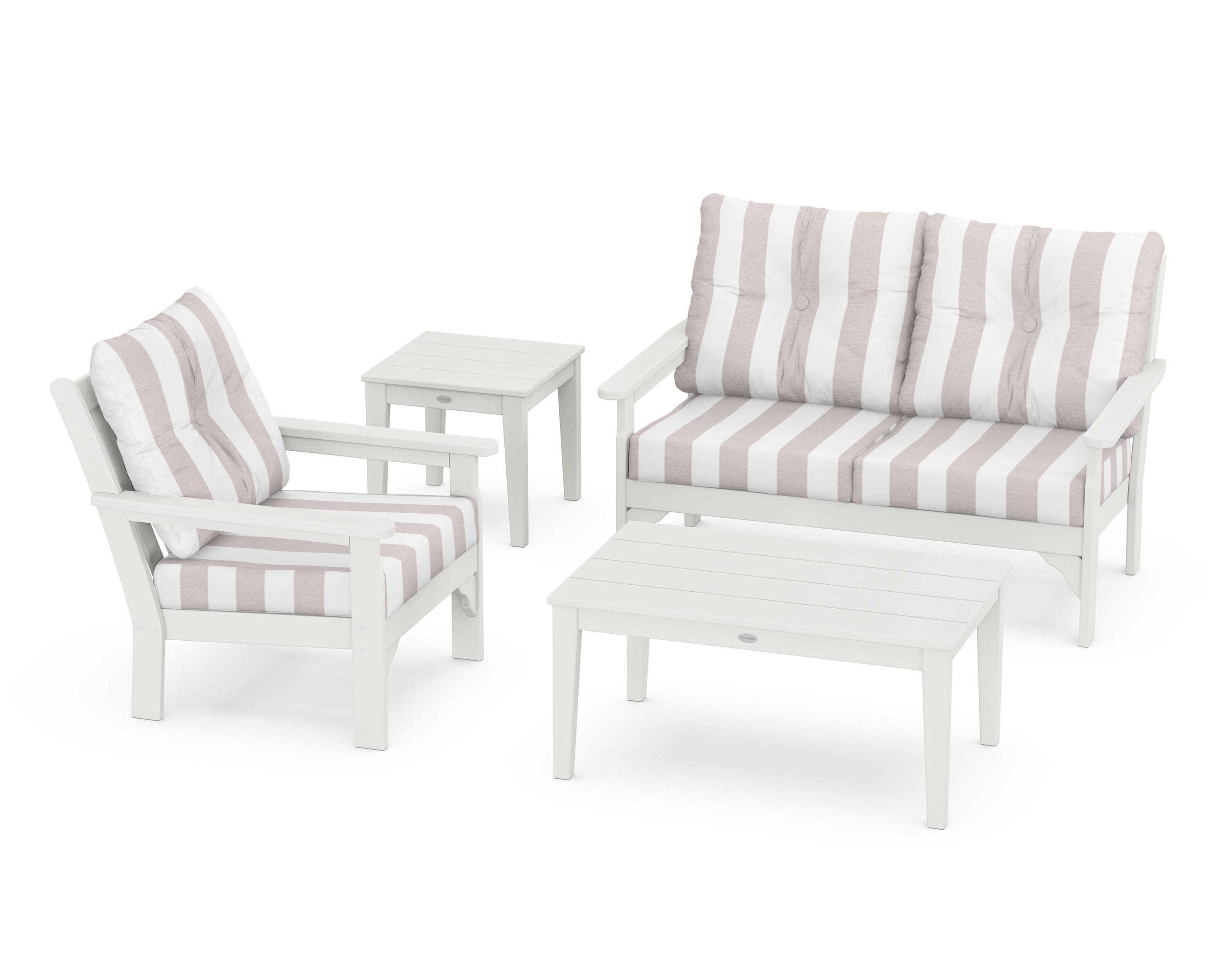 Vineyard 4-Piece Deep Seating Set in Vintage White / Cabana Stripe Dune Burlap