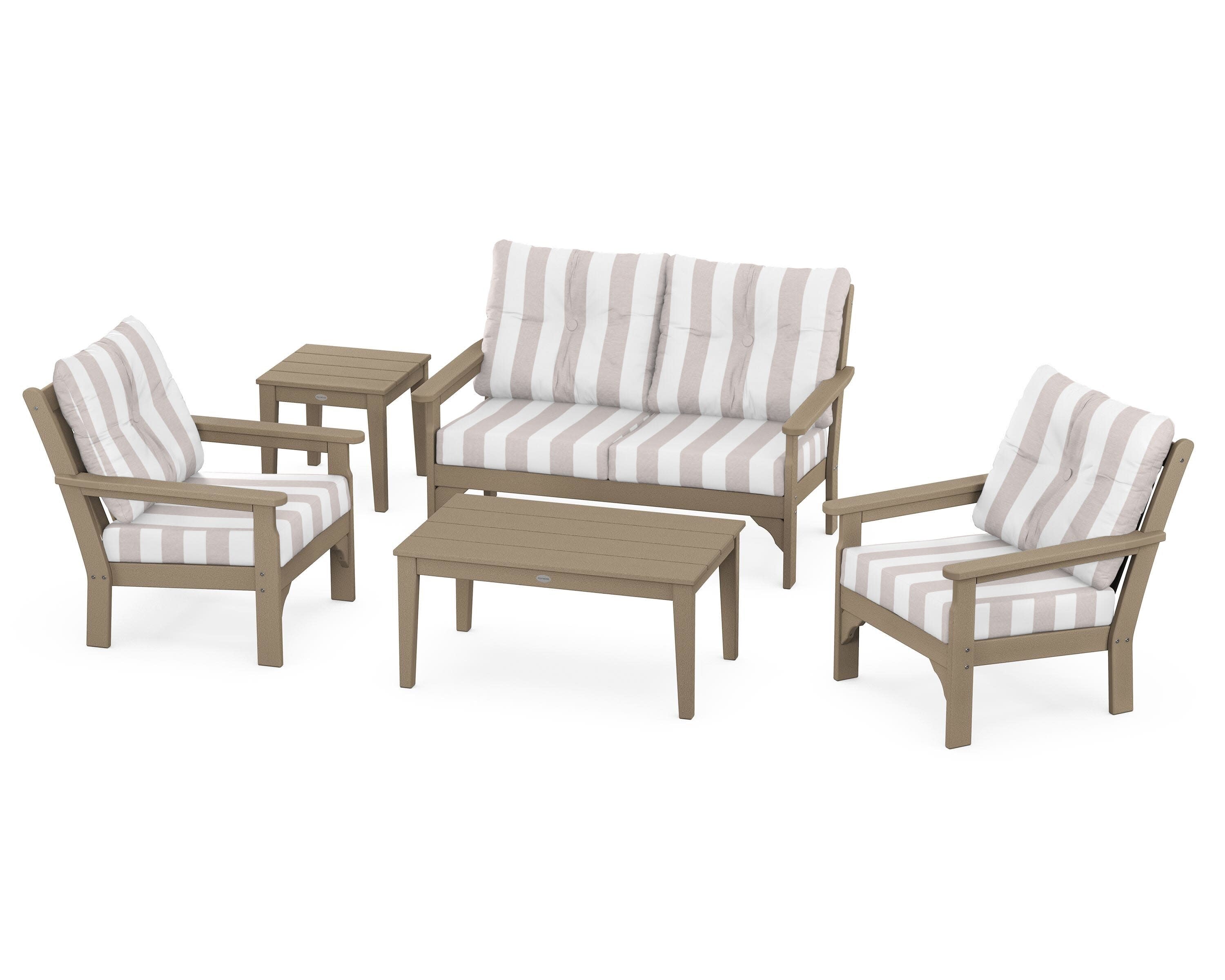 Vineyard 5-Piece Deep Seating Set in Vintage Sahara / Cabana Stripe Dune Burlap