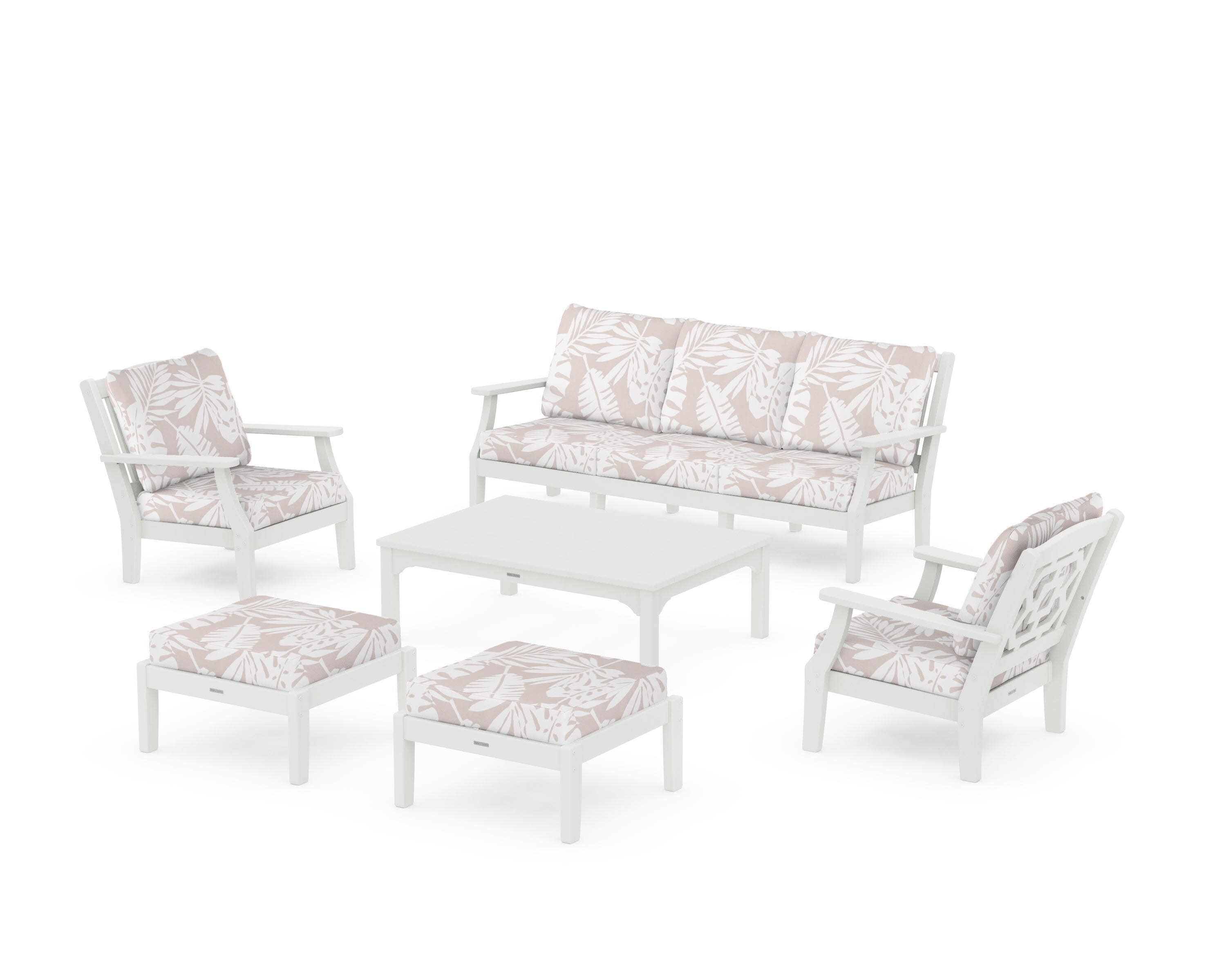 Chinoiserie 6-Piece Lounge Sofa Set in Vintage White / Leaf Dune Burlap