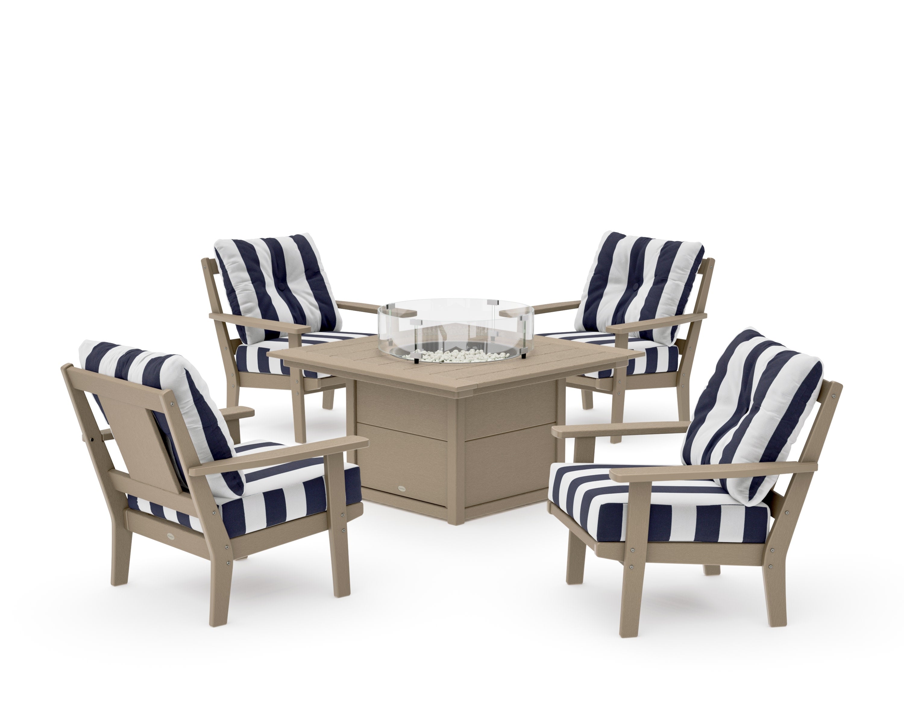 Prairie 5-Piece Deep Seating Set with Fire Pit Table in Vintage Sahara / Cabana Stripe Navy
