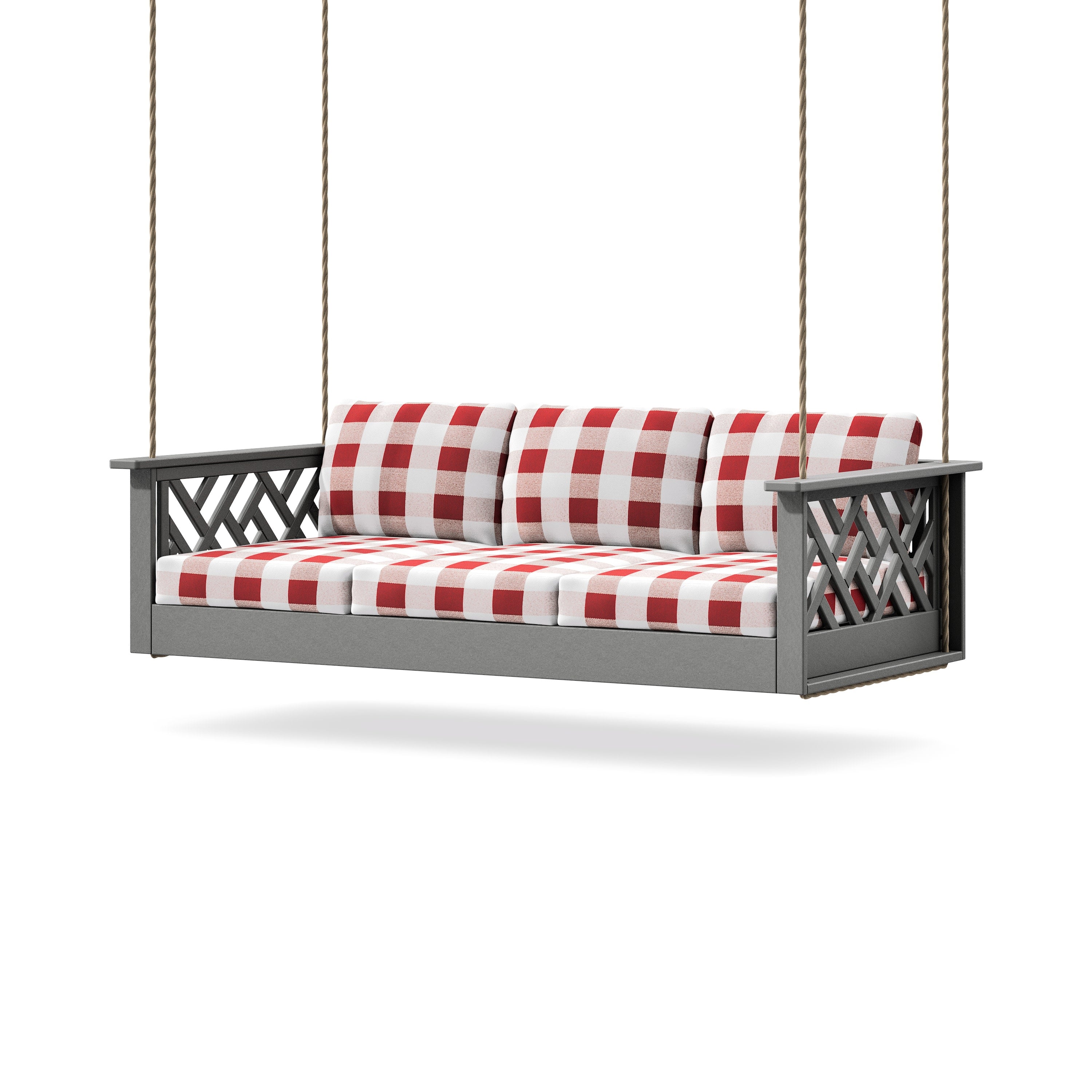 Chippendale Daybed Swing in Slate Grey / Buffalo Plaid Crimson