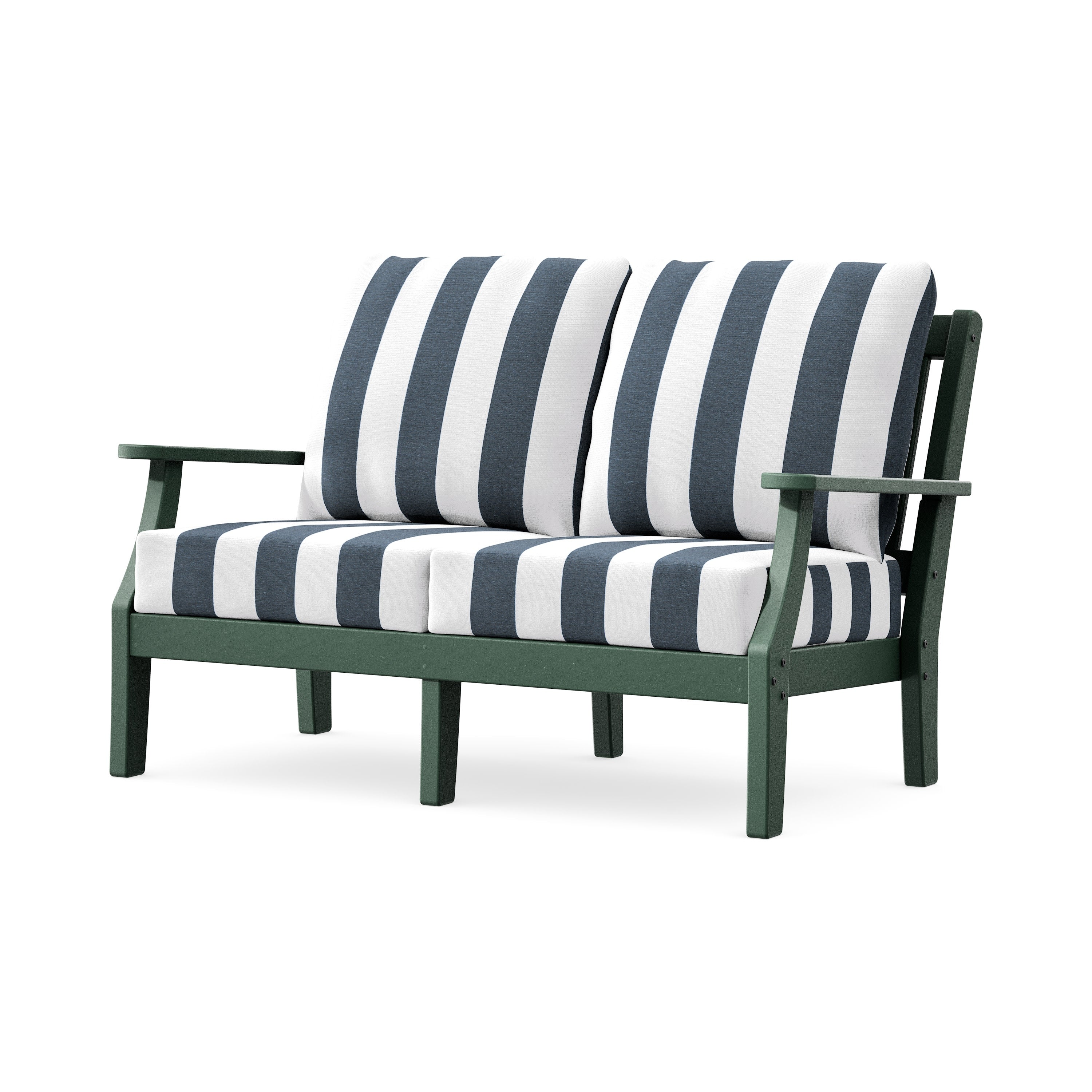 Chinoiserie Deep Seating Loveseat in Green / Cabana Stripe Marine Indigo