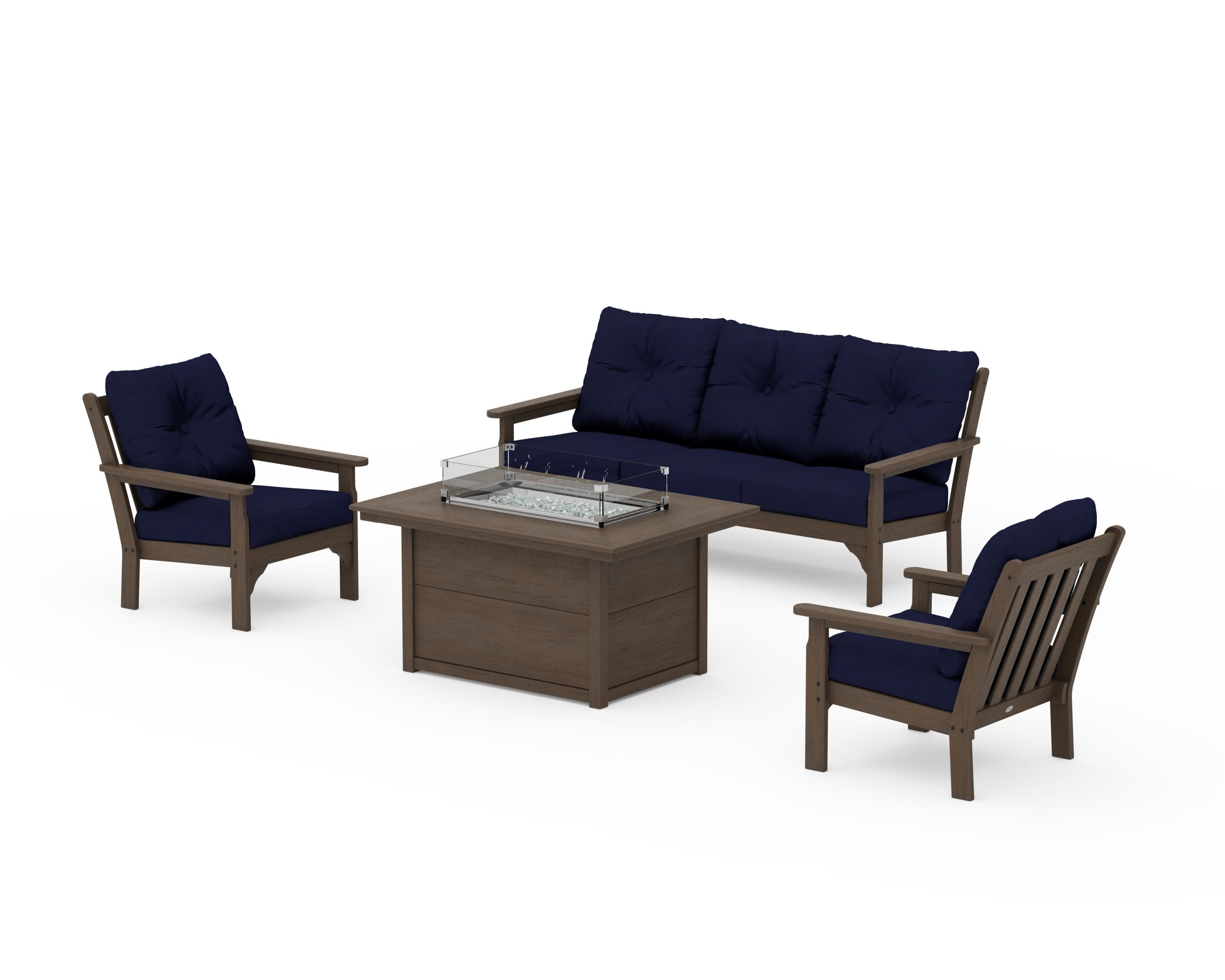 Vineyard Deep Seating Fire Pit Table Set in Kona / Navy