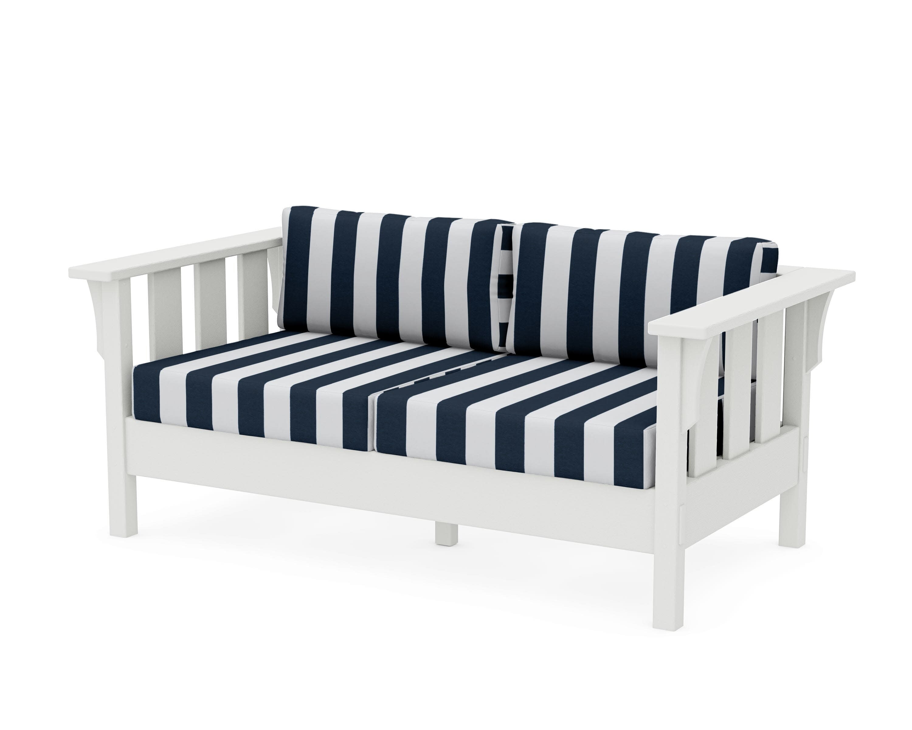 Acadia Deep Seating Loveseat in Vintage White / Cabana Stripe Marine Indigo