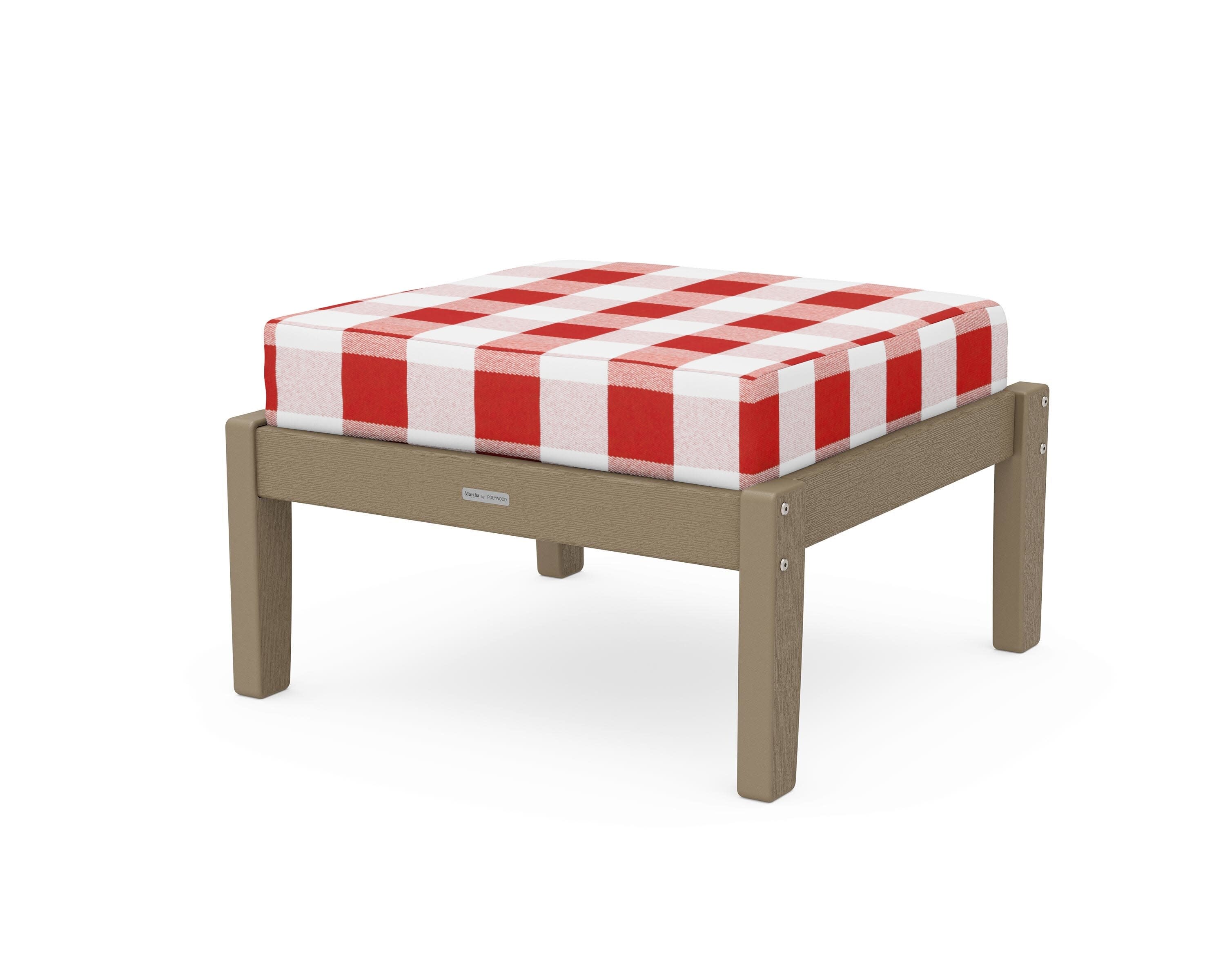 Chinoiserie Deep Seating Ottoman in Vintage Sahara / Buffalo Plaid Crimson