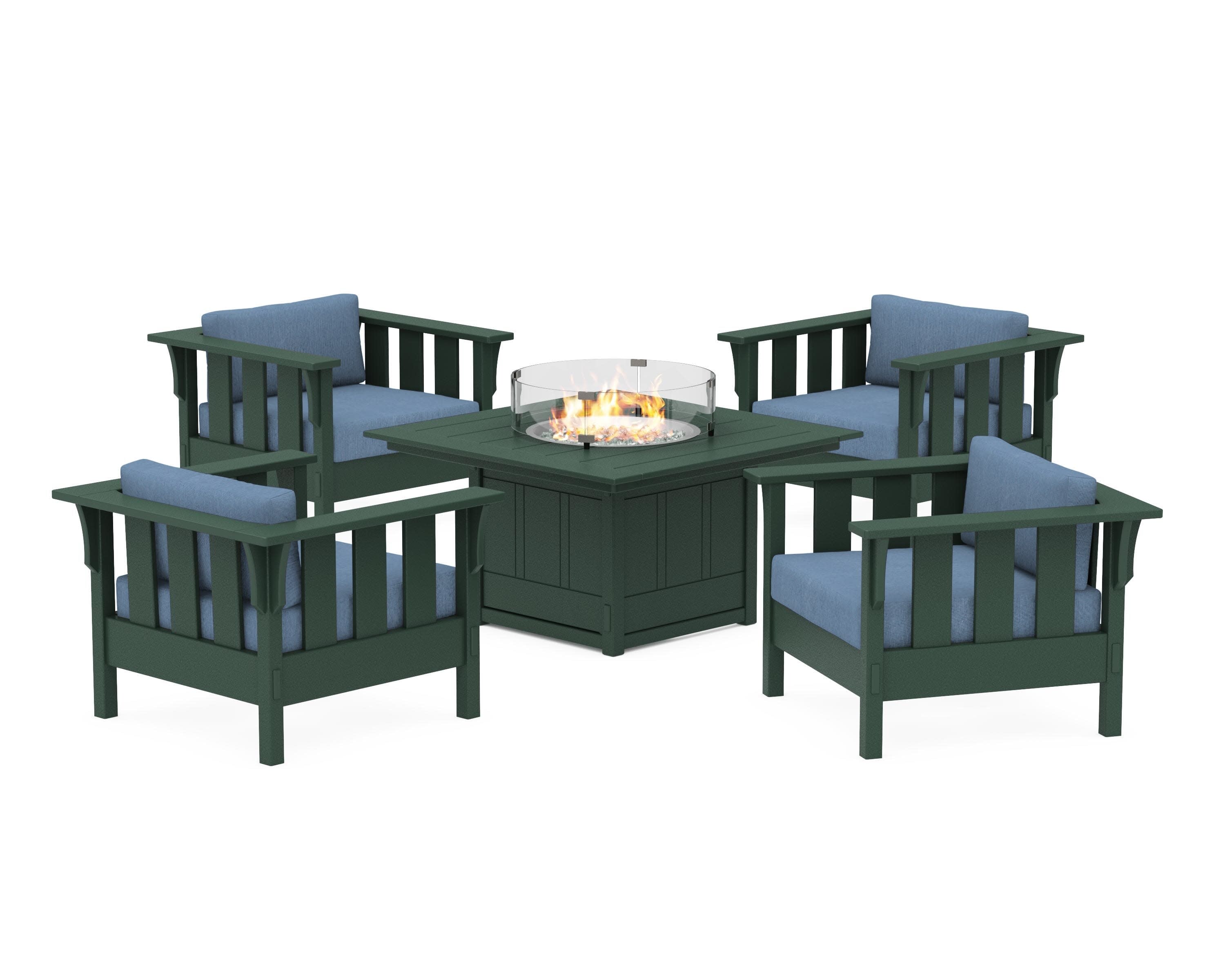 Acadia 5-Piece Deep Seating Set with Fire Pit Table in Green / Sky Blue