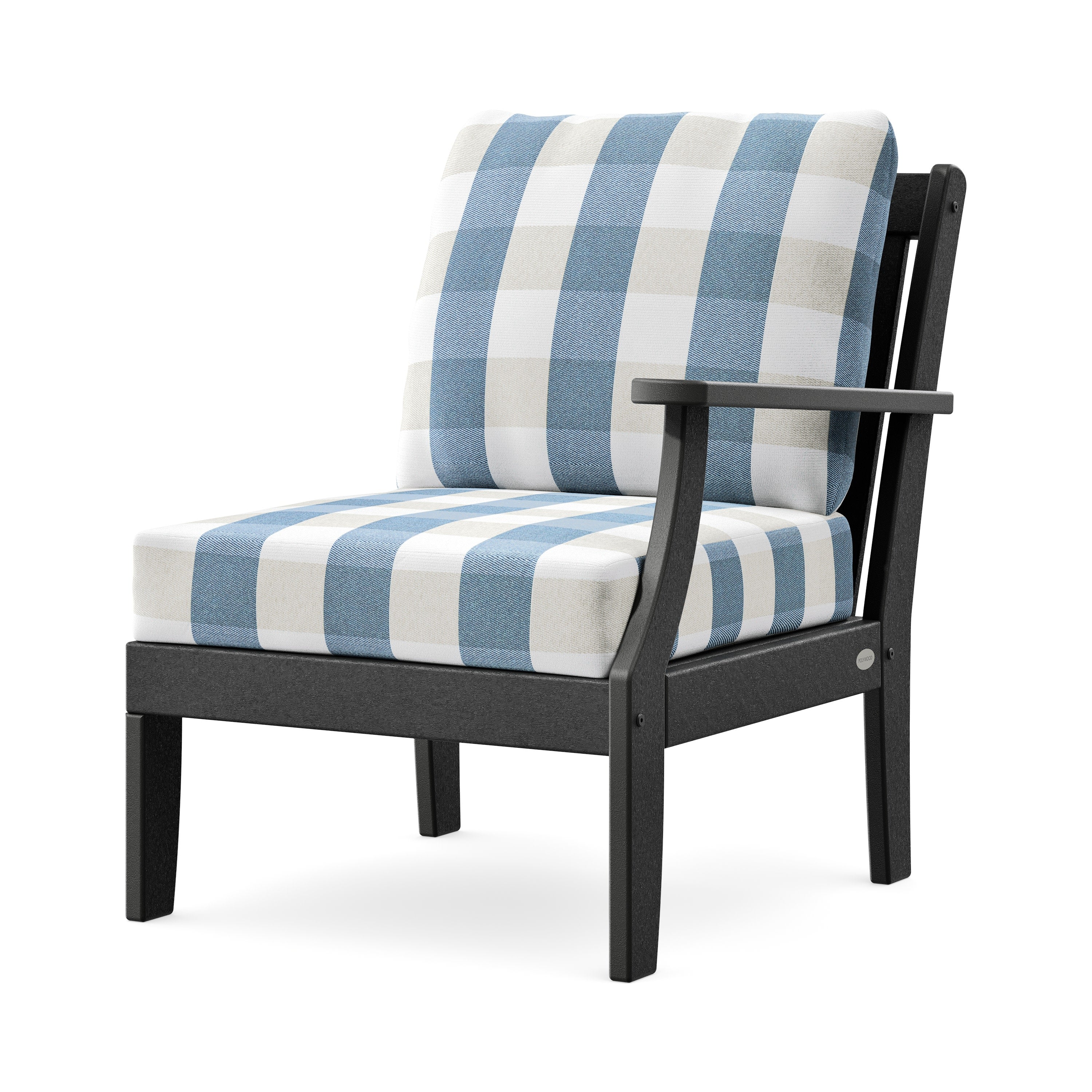 Braxton Modular Right Arm Chair in Black / Buffalo Plaid Sky Blue