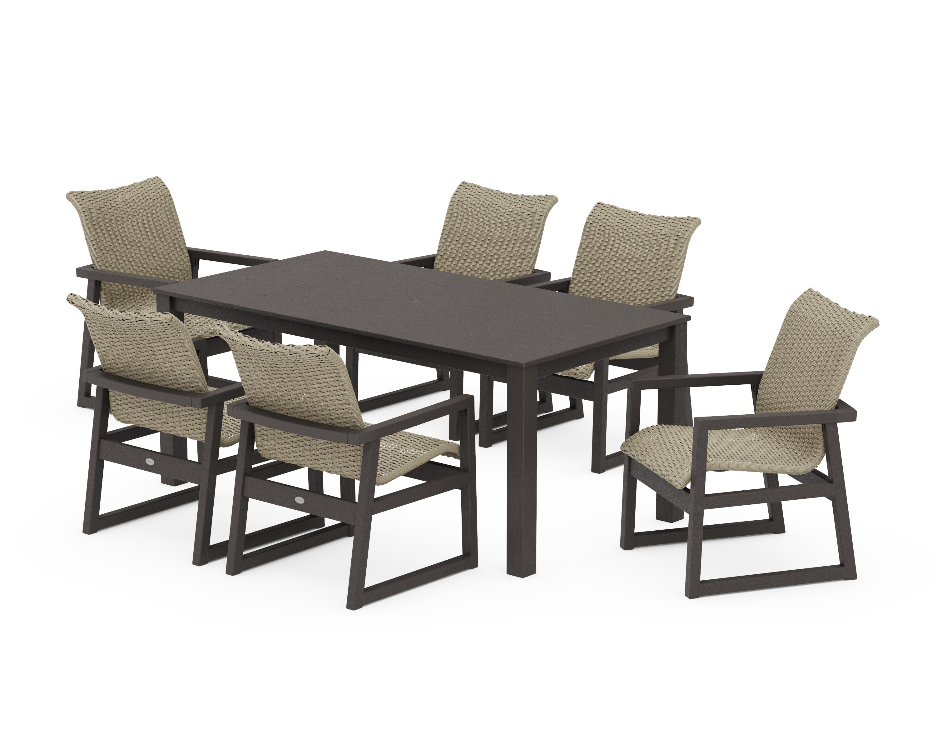 EDGE Woven Arm Chair 7-Piece Parsons Dining Set in Vintage Coffee / Dune Grass