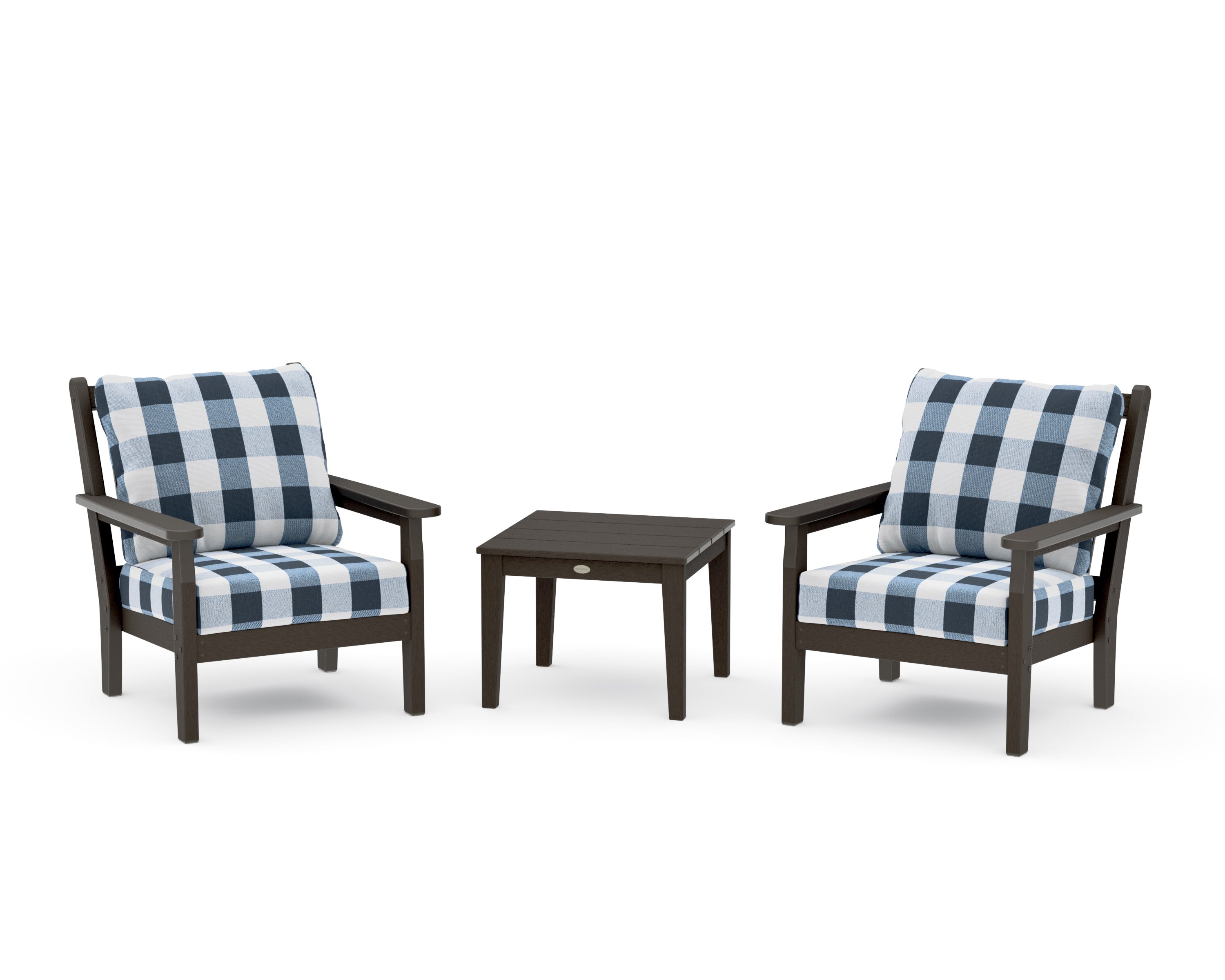 Chippendale 3-Piece Deep Seating Set in Vintage Coffee / Buffalo Plaid Marine Indigo