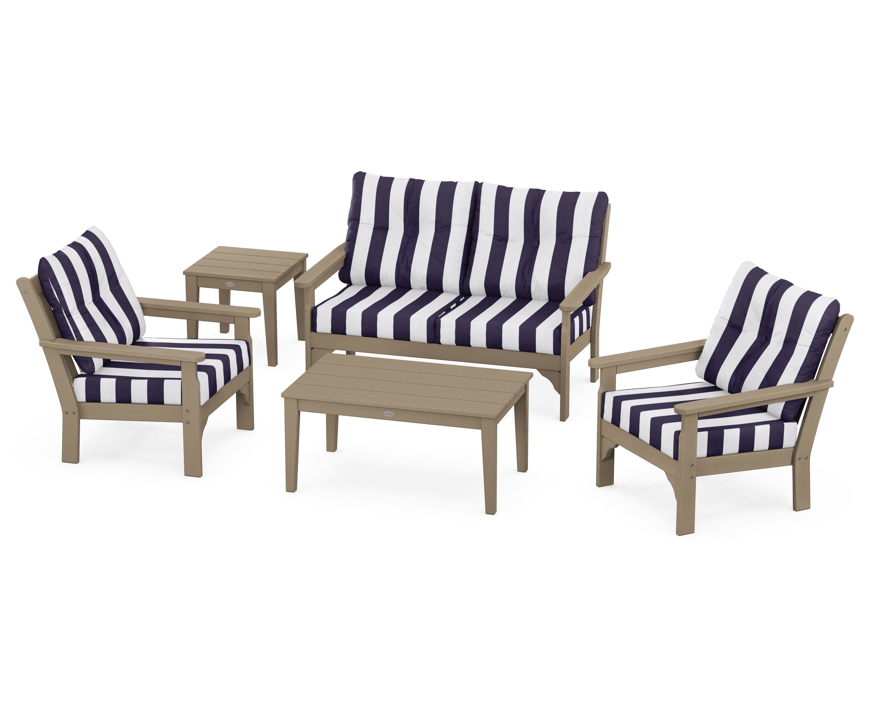 Vineyard 5-Piece Deep Seating Set in Vintage Sahara / Cabana Stripe Navy